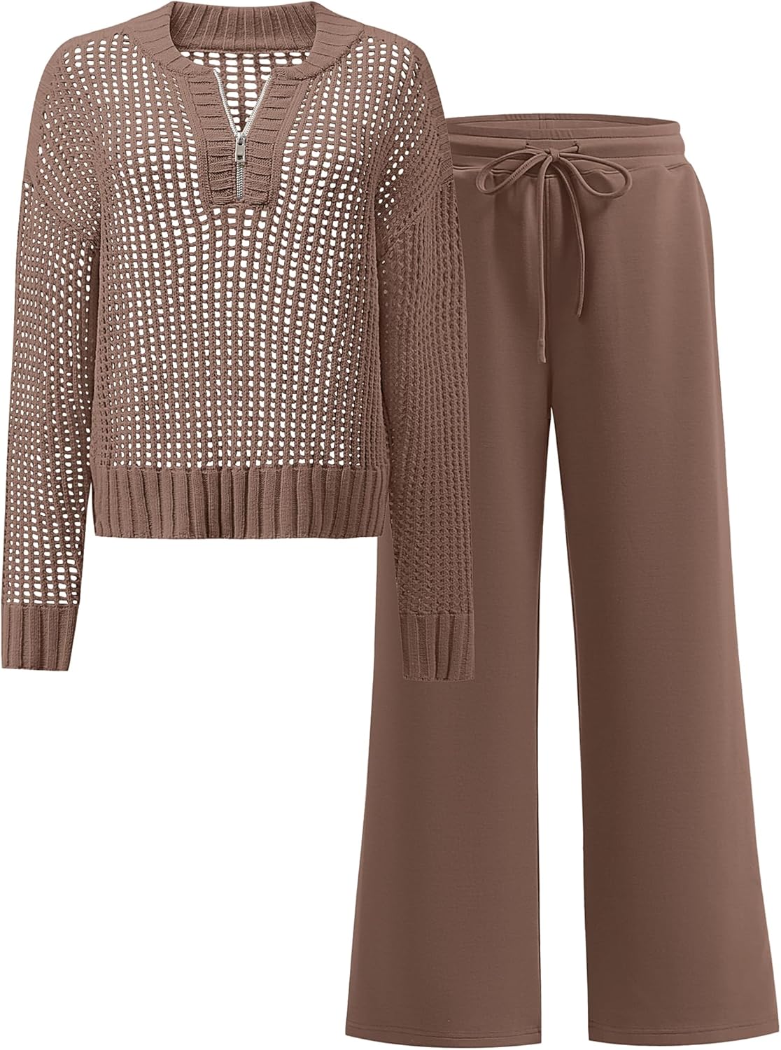 ANRABESS Womens 2 Piece Outfits 2026 Fall Crochet Knit Half Zip Sweater Top Wide Leg Pant Travel Matching Sets Lounge Clothes