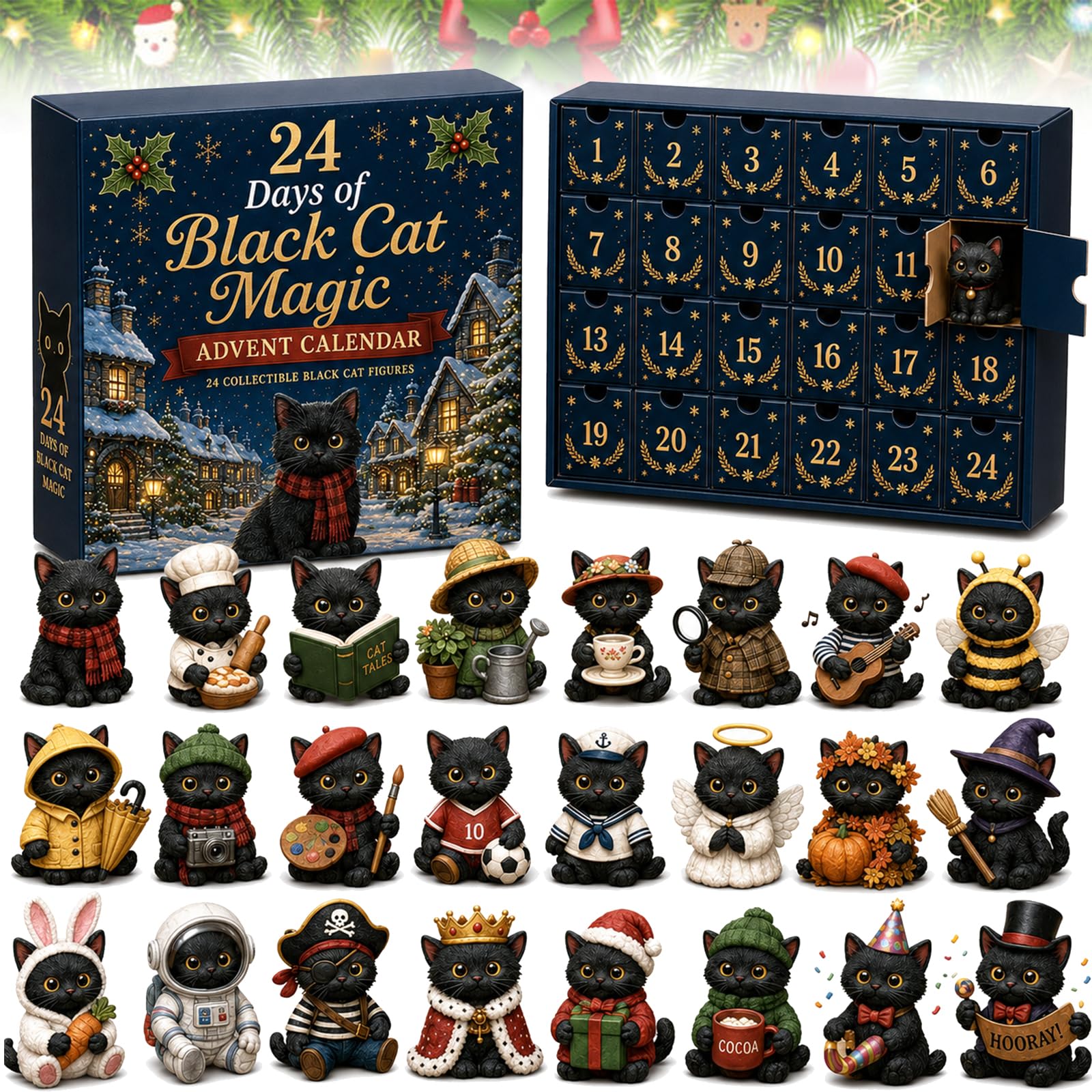 24 Days of Black Cats Christmas Advent Calendar 2026, Cute Black Cat Advent Calendar 2026, 24 Days Christmas Countdown Calendar with 24 Mini 2D Cats Ornament, Gifts for Cat Lovers
