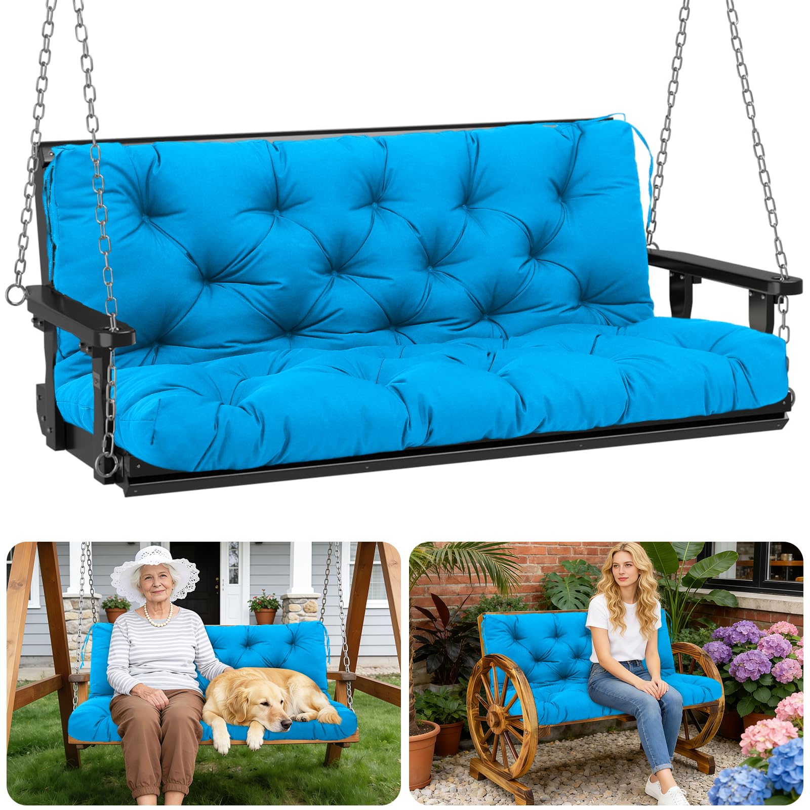 Porch Swing Cushions Outdoor 48 inch x 40 Waterproof Swing Cushions 3 Seater Replacement with Backrest &amp; 8 Ties 5" Thick Bench Swing Cushions for Outdoor Furniture Patio(Peacock Blue)