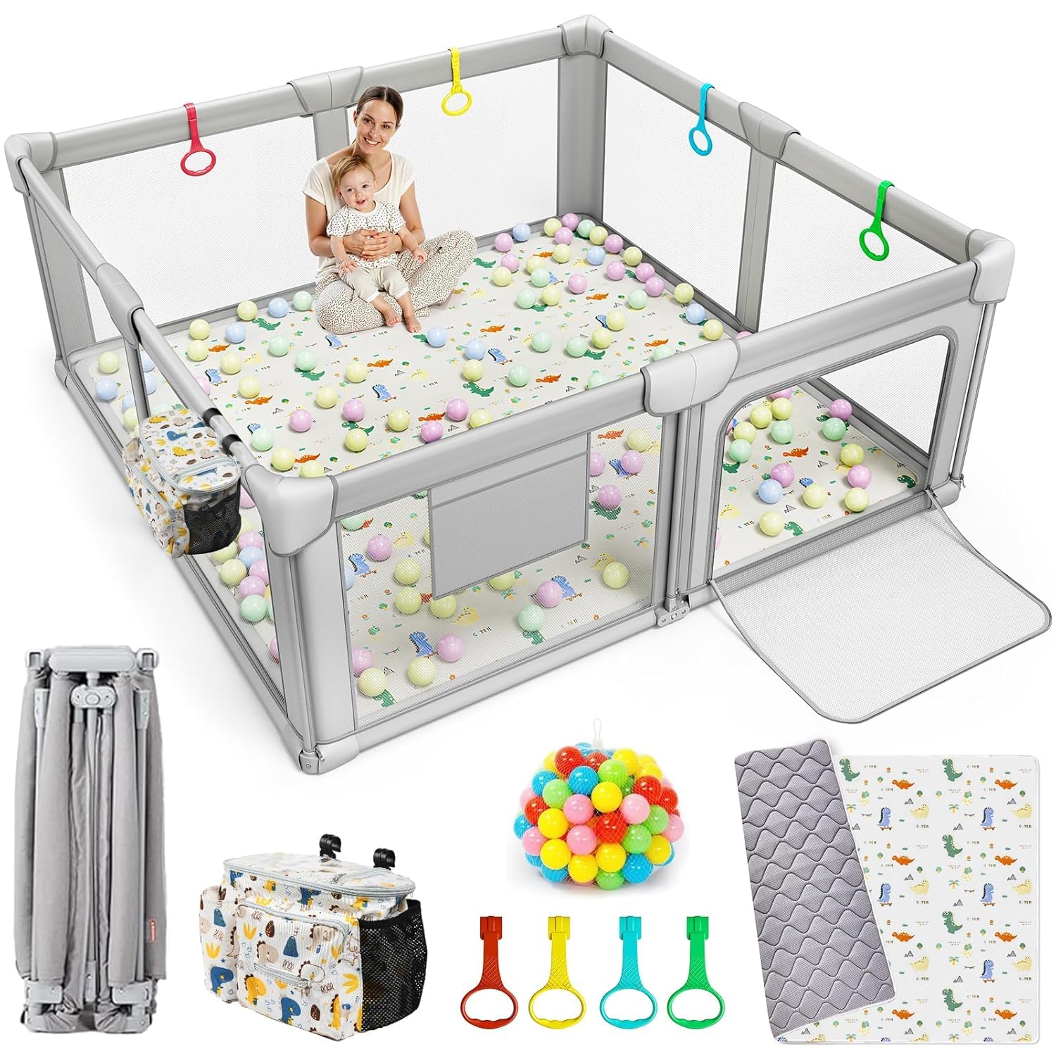 Laufstall Baby Faltbar mit Matratze 130x130x70cm | Klappbar&Tragbar Laufgitter mit Atmungsaktivem Netz, 300D Oxford Stoff, Rutschfester Basis, Ozeanbällen, Innen&Außen
