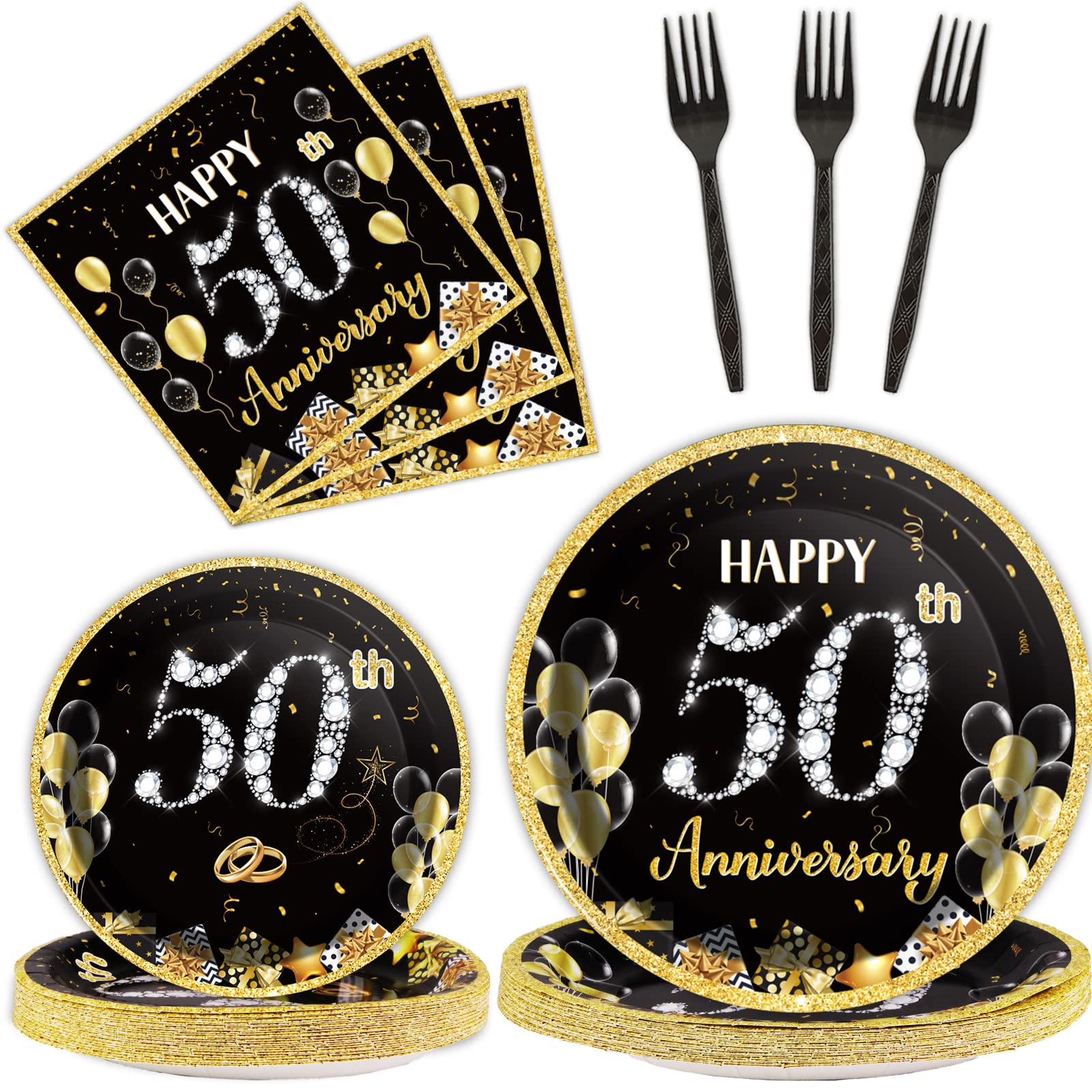 96 Pcs 50th Anniversary Party Paper Plate Napkin Fork Employee Career Wedding 50th Anniversary Gold Black Disposable Paper Dessert Dinner Tableware