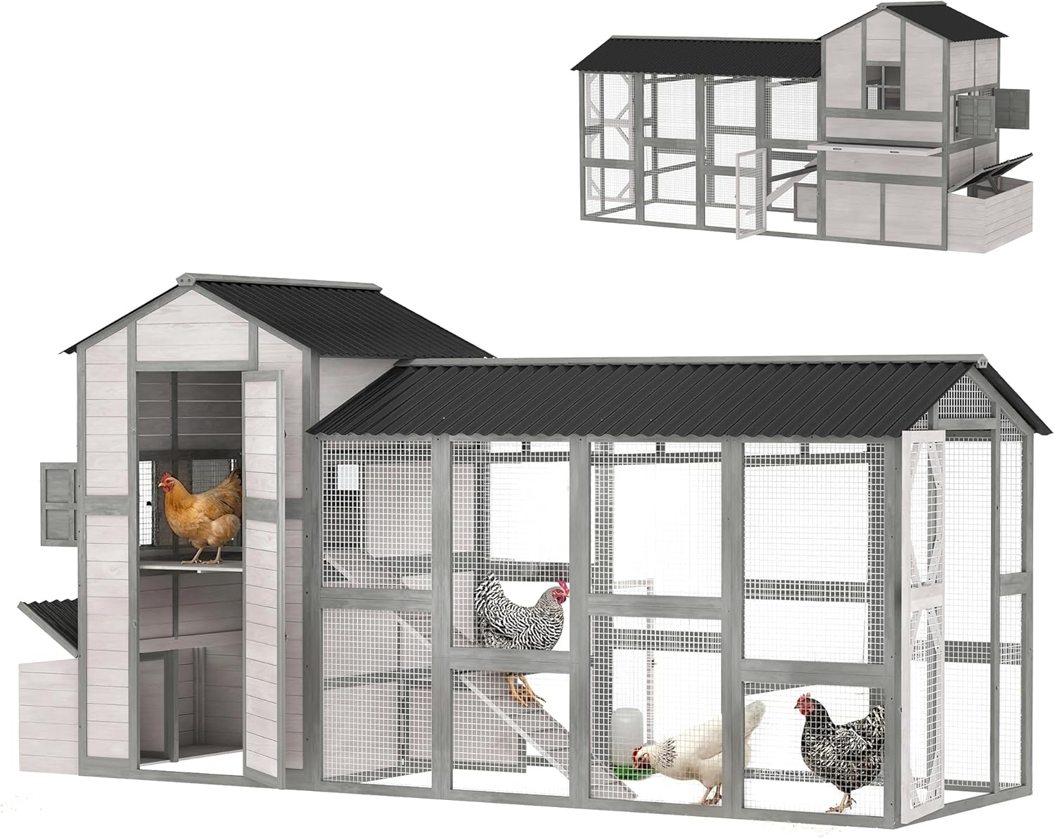 PawHut 147" Extra Large Chicken Coop, Wooden Hen House for 8-10 Hens, Outdoor Chicken House Poultry Hutch with Run, Pull-Out Tray, Nesting Box, Ventilated Windows, Ramp for Rabbit Duck, Gray