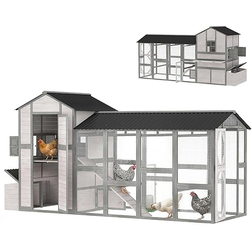 PawHut 147" Extra Large Chicken Coop, Wooden Hen House for 8-10 Hens, Outdoor Chicken House Poultry Hutch with Run, Pull-Out Tray, Nesting Box, Ventilated Windows, Ramp for Rabbit Duck, Gray