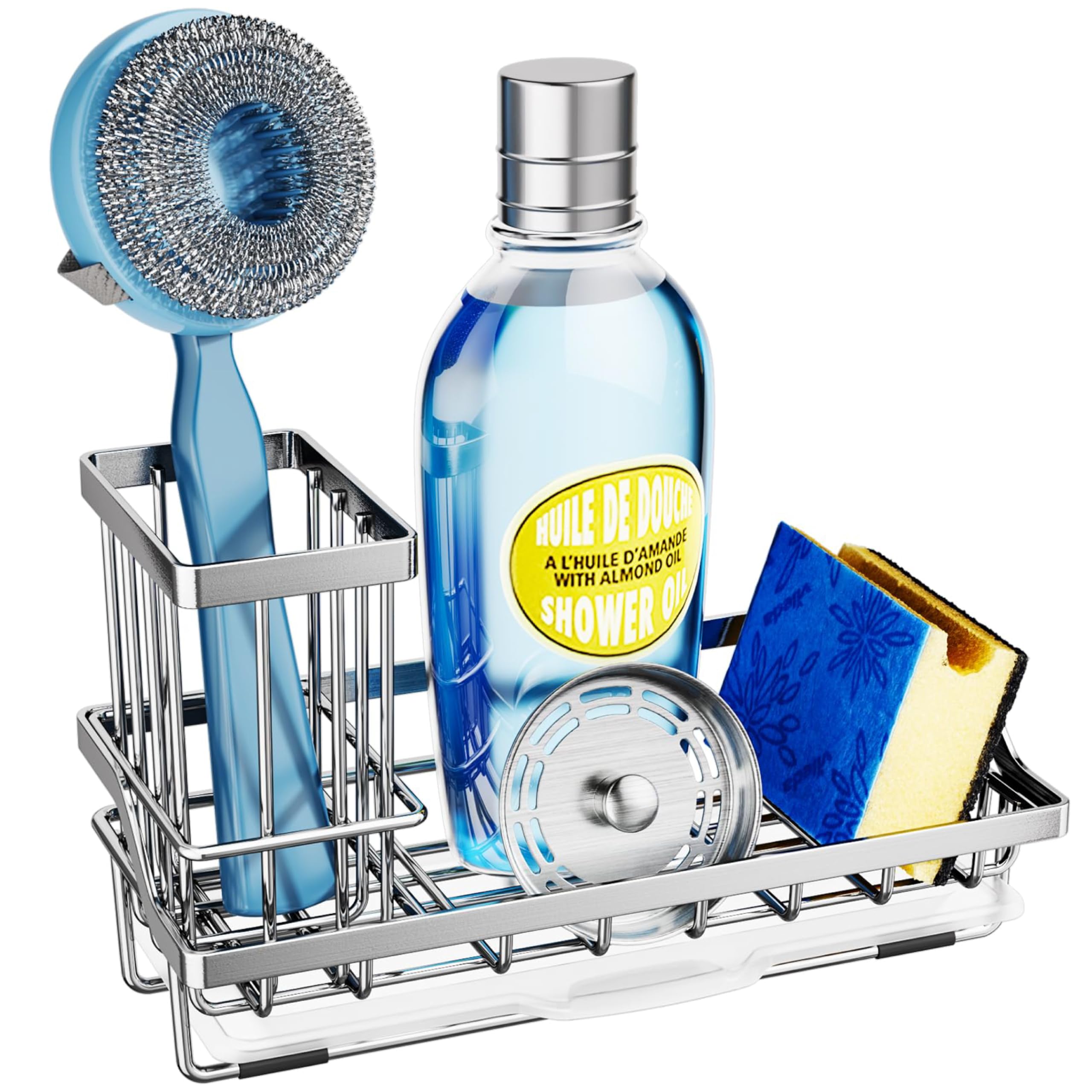 SWTYMIKI Kitchen Sink Caddy Sponge Holder, Kitchen Sink Organzier and Storage with High Brush Holder and Drip Tray for Dish Sponges, Silver