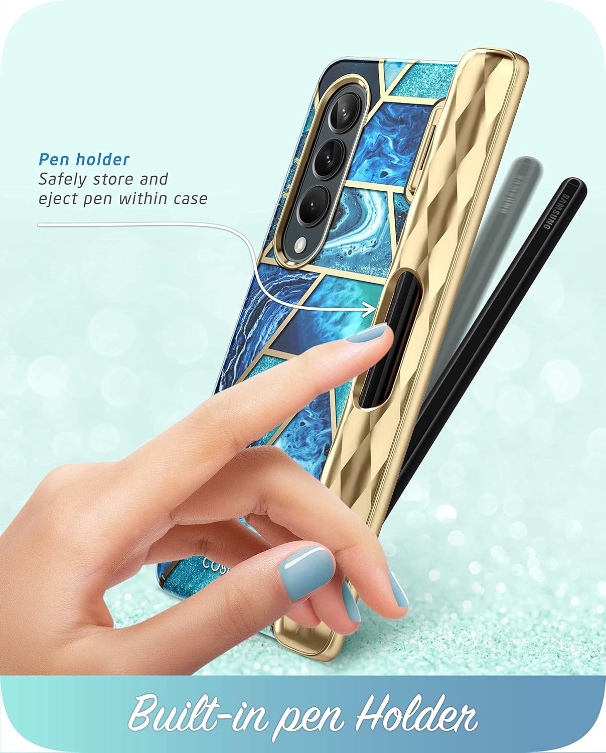 i-Blason Cosmo Series for Samsung Galaxy Z Fold 4 Case with Pen Holder (2022), Stylish Protective Bumper Fold 4 Case with Built-in Screen Protector (Ocean)