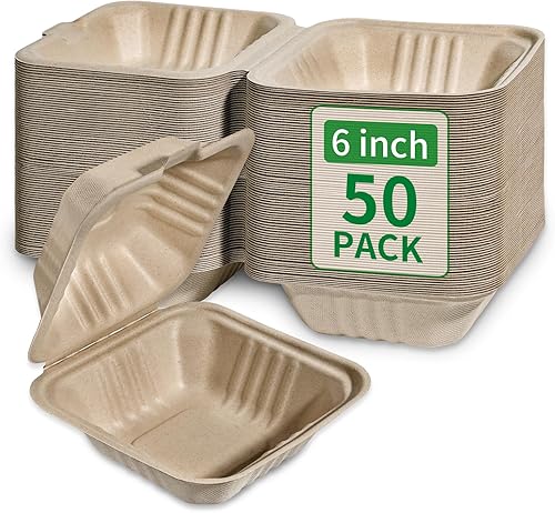 Aricsen Paquete de 50 Cajas de Almuerzo Cuadradas Pequeñas Desechables Compostables de 6 x 6 Pulgadas, Recipientes para Llevar con Tapa, Concha Tipo