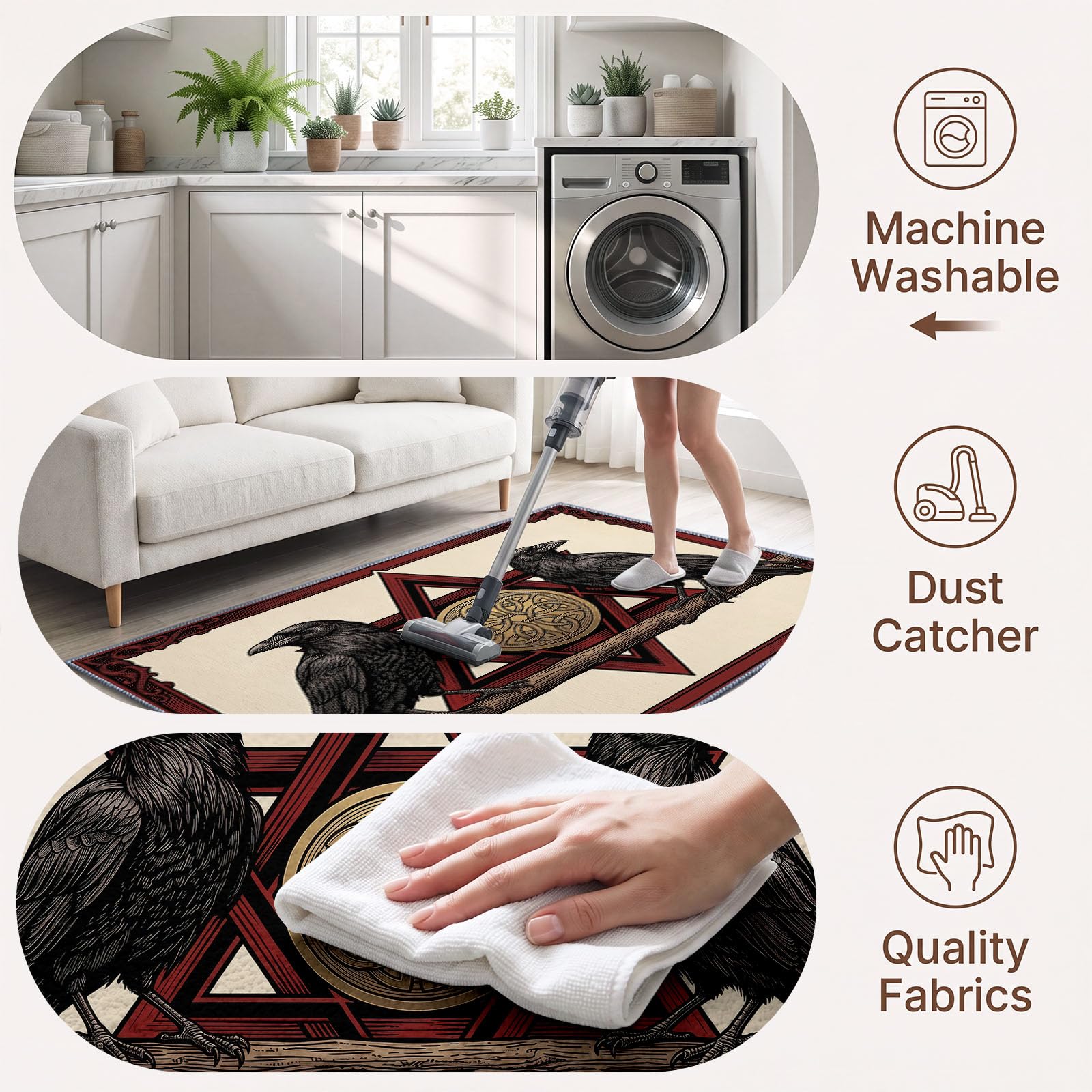 140 x 200 cm Tapis Antidérapant de Salon Fantaisie Animaux Corbeau Hexagone, Beige Grand Tapis à Poil Ras Doux Lavable en Machine avec Motif Imprimé pour Chambre Enfant Chambre Salle à Manger