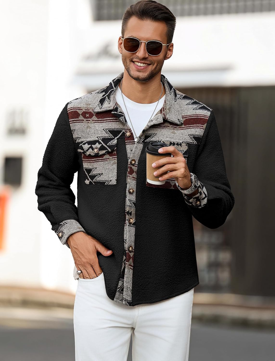 ZAFUL Men's Ethnic Aztec Printed Jacket Coat Flap Pocket Casual Long Sleeve Lightweight Lapel Faux FleeceShacket Top - Image 2