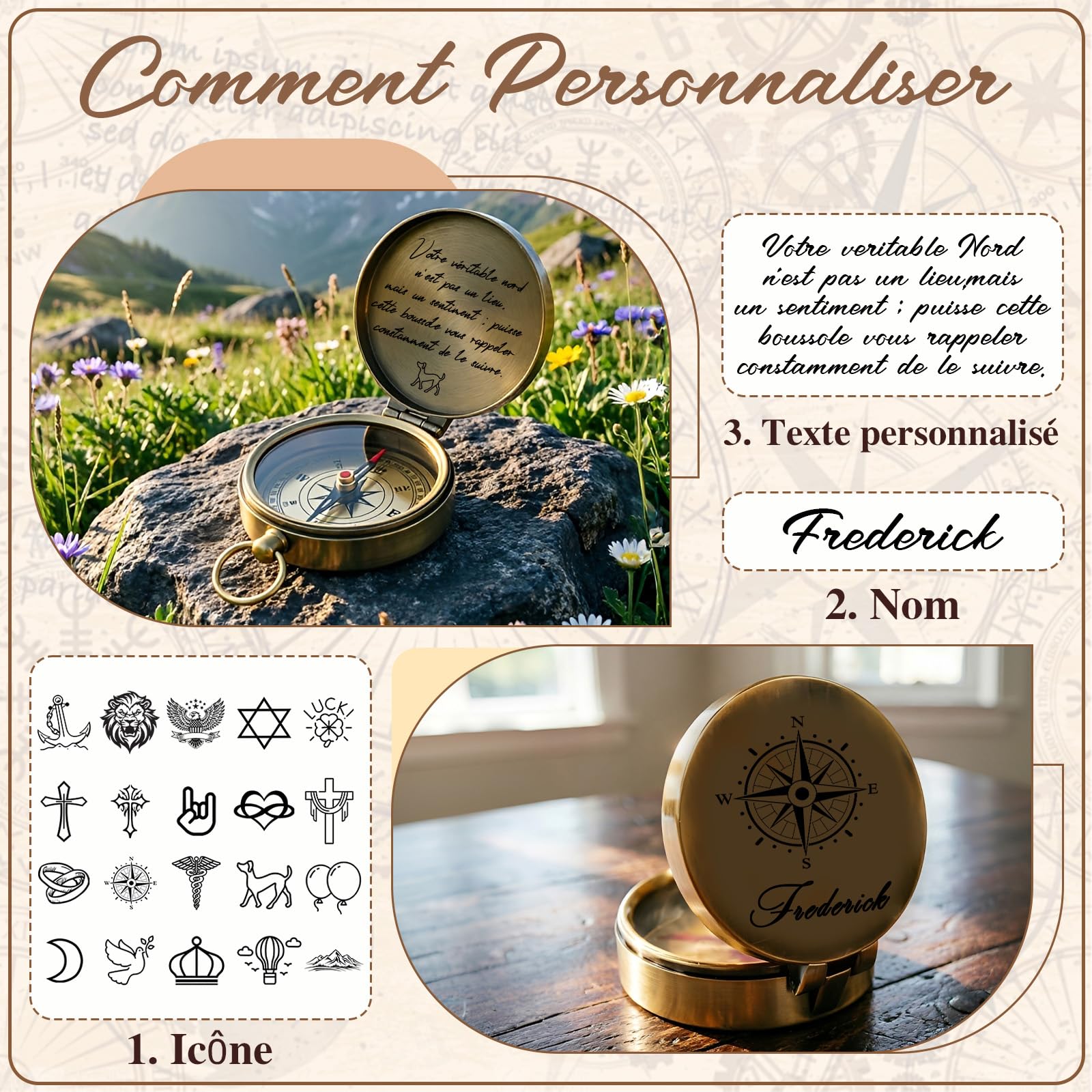Boussole Personnalisée avec Nom Boussole de Poche Gravure Personnalisable avec Texte et Icône Cadeau Homme Femme Aventurier Ami Randonnée Mariage