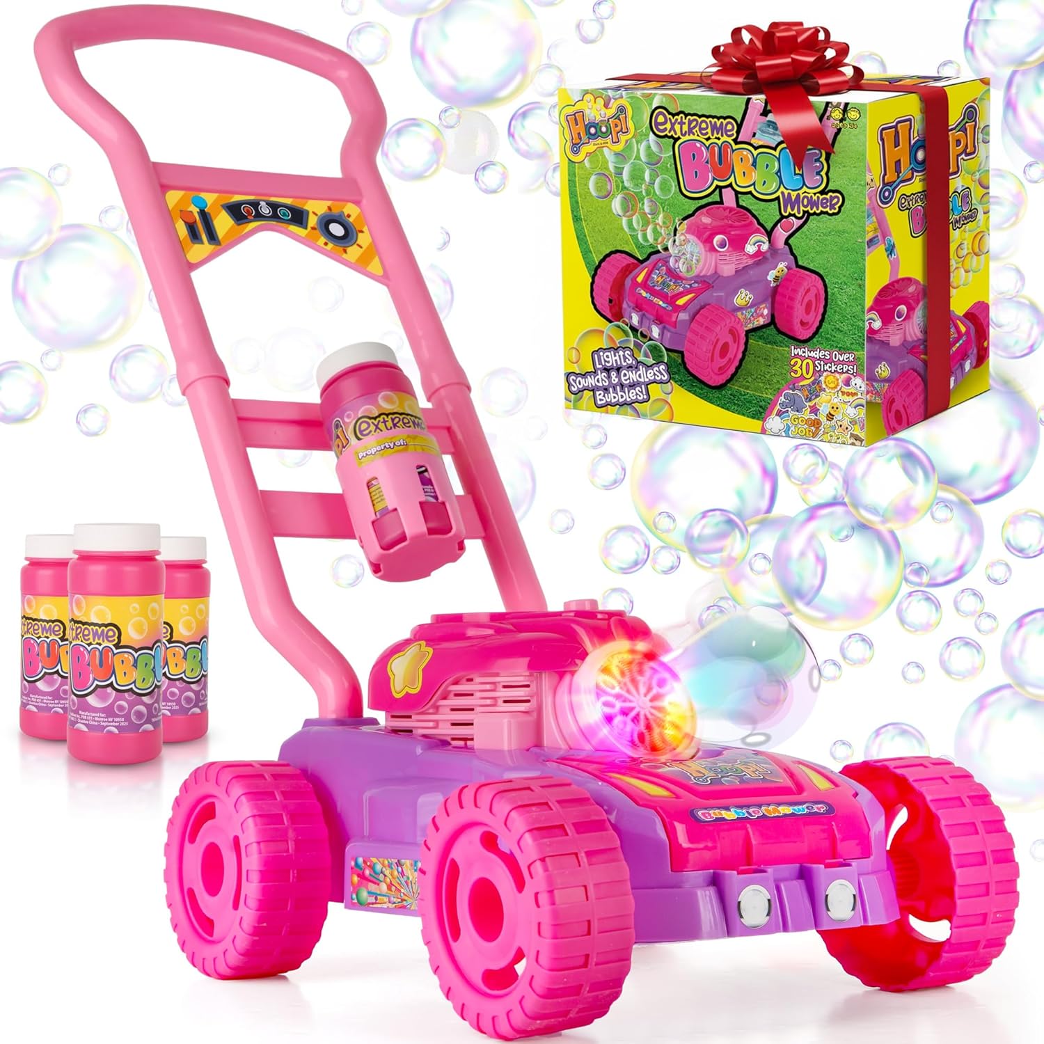 Hoopi Extreme Bubble Lawn Mower for Toddlers, Spill-Proof Kids Bubble Machine with Lights for 2-Year-Old Girl Birthday Gift, Easter Gifts for Toddlers, Bubble Blowing Push Outdoor Toy with 3 Bottles
