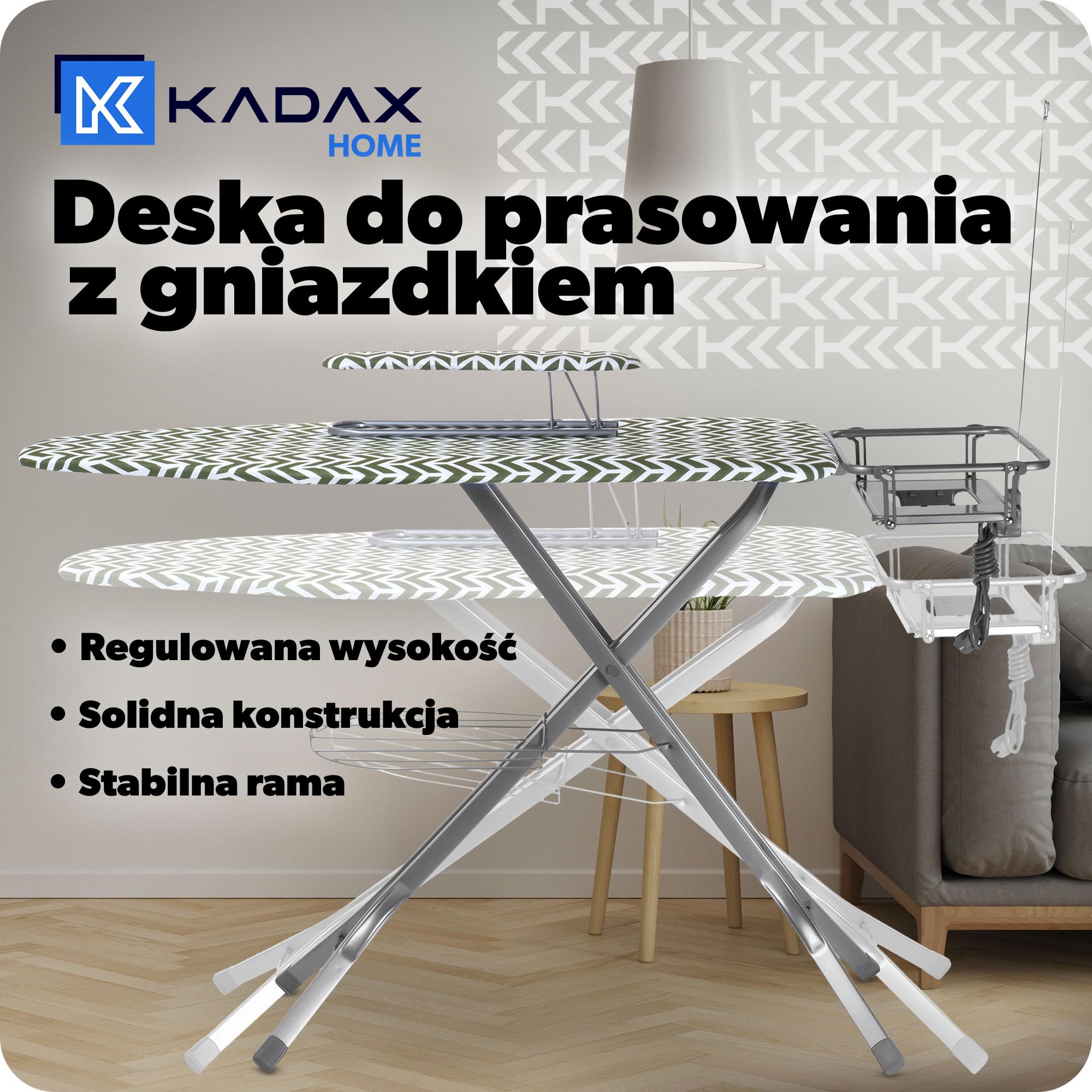 Kadax Składana deska do prasowania z wtyczką, regulacją wysokości, zdejmowanym pokrowcem, rękawem do prasowania oraz uchwytem na żelazko i wspornikiem na kabel (zielona)