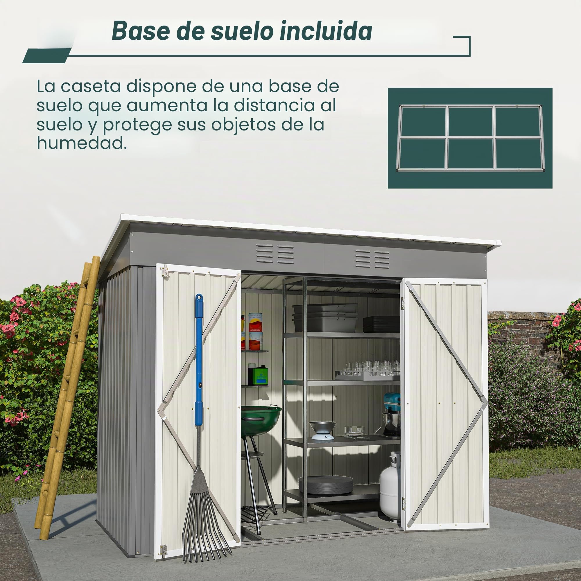 Caseta de jardín de metal 8x4 pies, caseta de herramientas incluye base de metal (sin suelo), armario de jardín de metal con tejado inclinado y puerta, resistente a la intemperie, cobertizo para