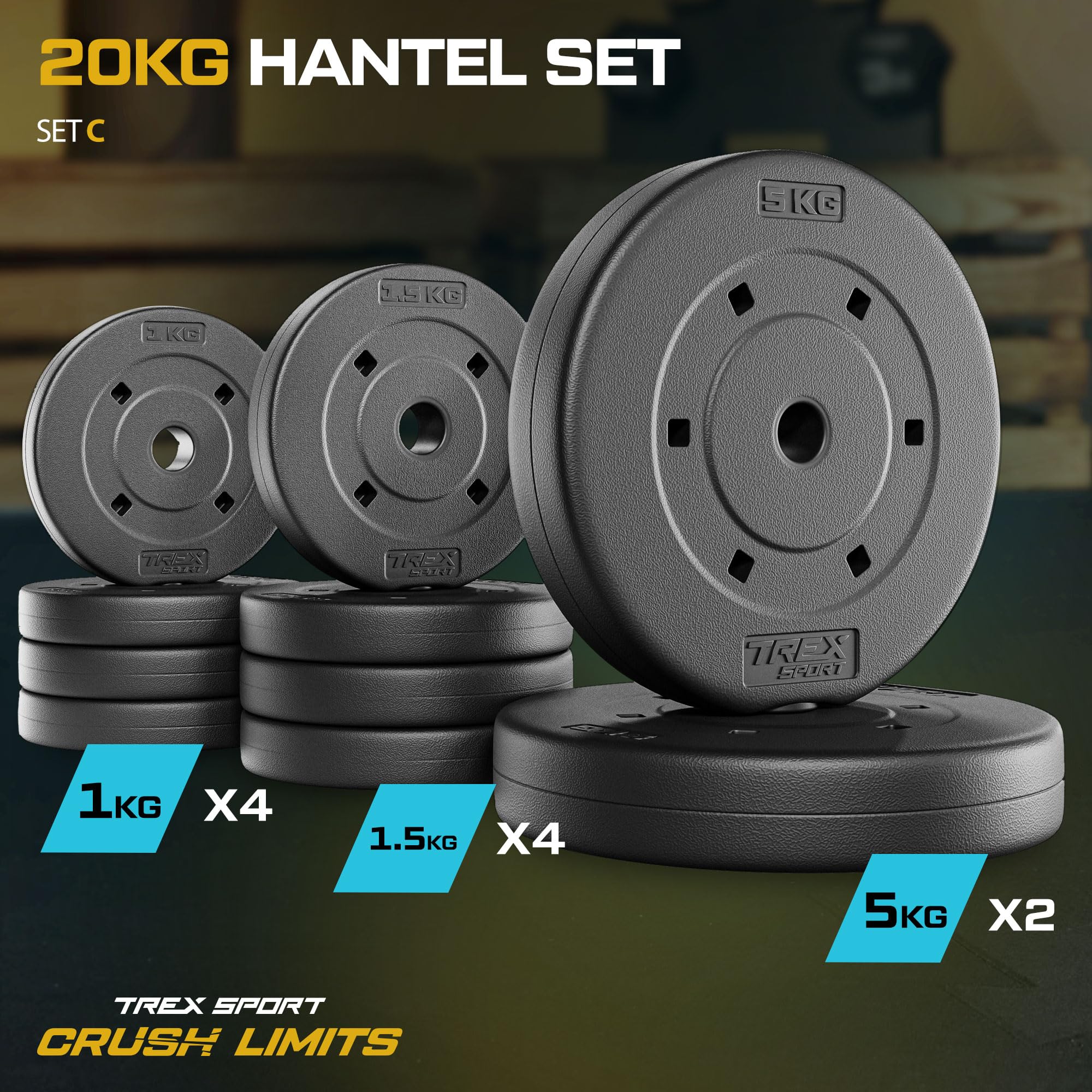 TREX SPORT Hantelscheiben Set 20 kg 27mm | Gewichte 2x5kg + 4x1,5kg + 4x1kg | Kunststoff Gewichte, Langhantelstangen, Gewichtsscheiben für Krafttraining und Fitness zuhause