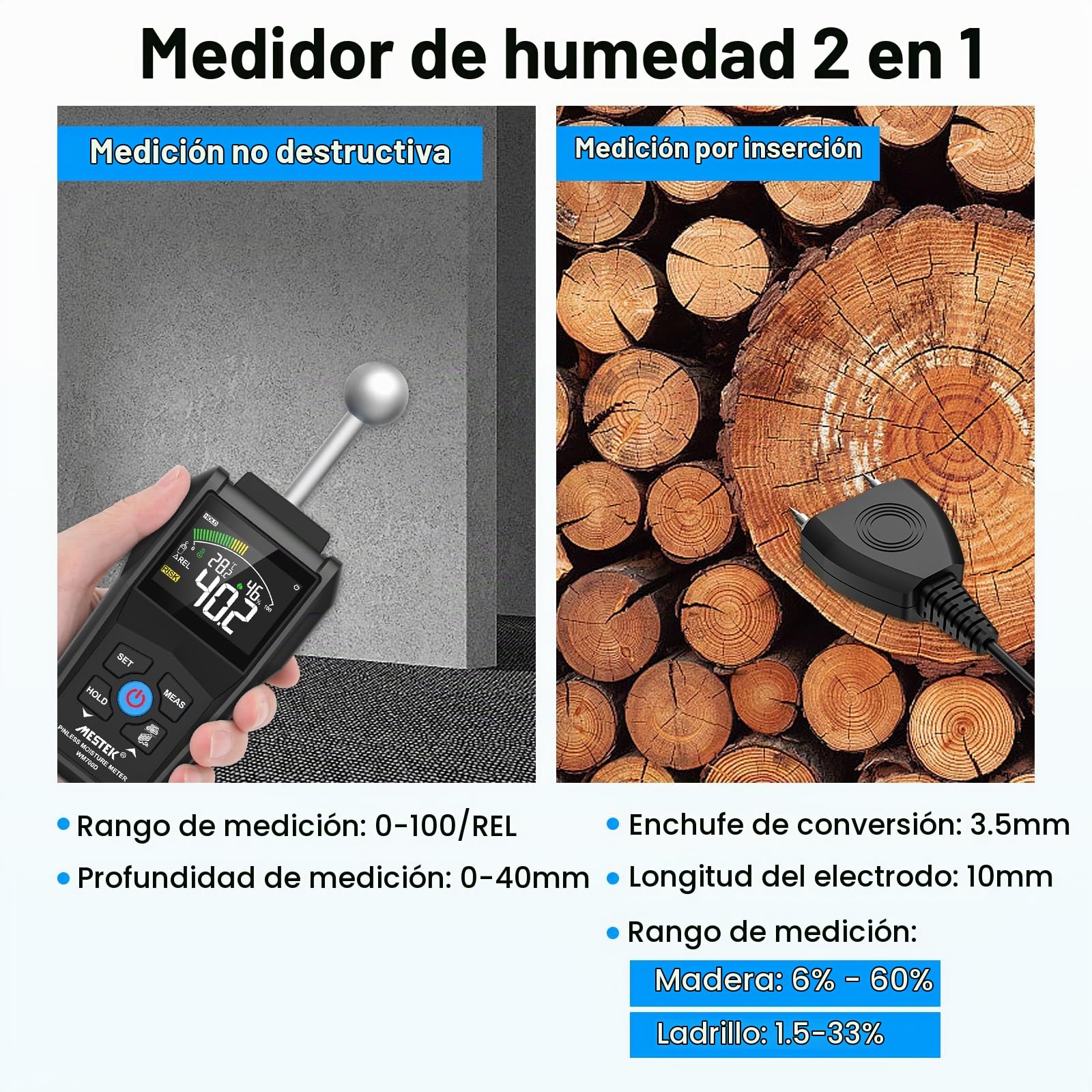 Medidor de Humedad, MESTEK Humidímetros,2 en 1 Medidor Humedad Pared con LCD en Color y Alarma Audible, Detecta 20-40 mm de Pared, Madera, Ladrillo, Hormigón y Otros Materiales de Construcción