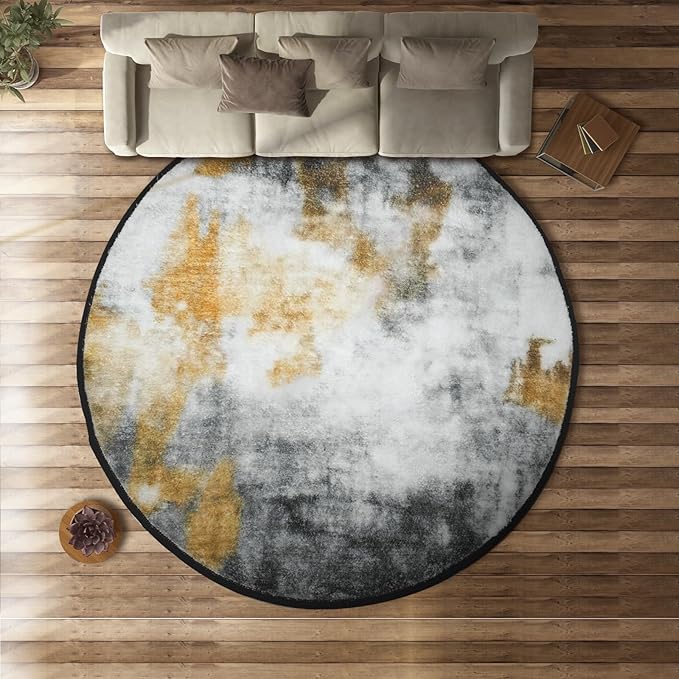 Teppich Rund 160×160 cm, Moderner Kurzflor, Waschbarer Teppich Wohnzimmer, Anti-Rutsch Unterseite, Schwarz, Grau, Weiss, Tawny, für Schlafzimmer & Kinderzimmer – Terrasse.