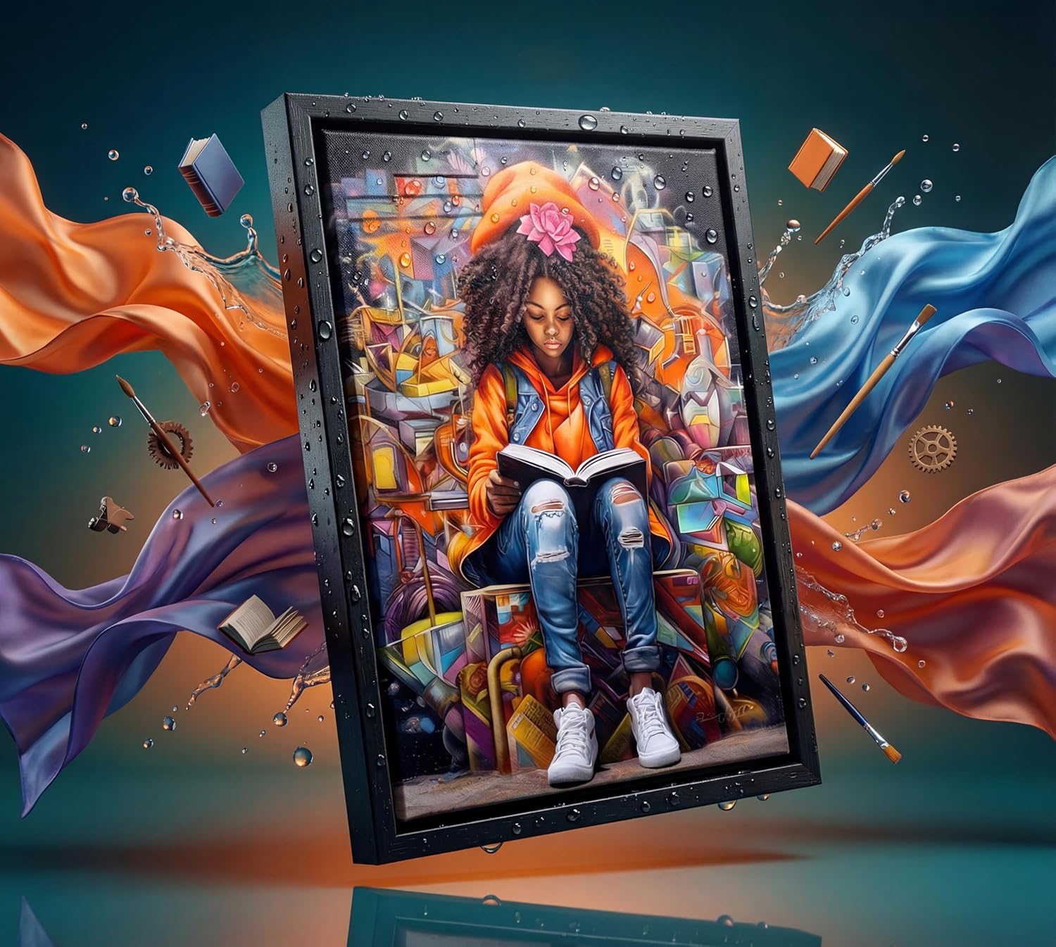 Framed Black Girl Reading Canvas Wall Art Black Girls' Books Inspiring Wall Decor Pictures African American Poster Print Painting for Teenager Living Room Bedroom Study Reading Room Home Decoration