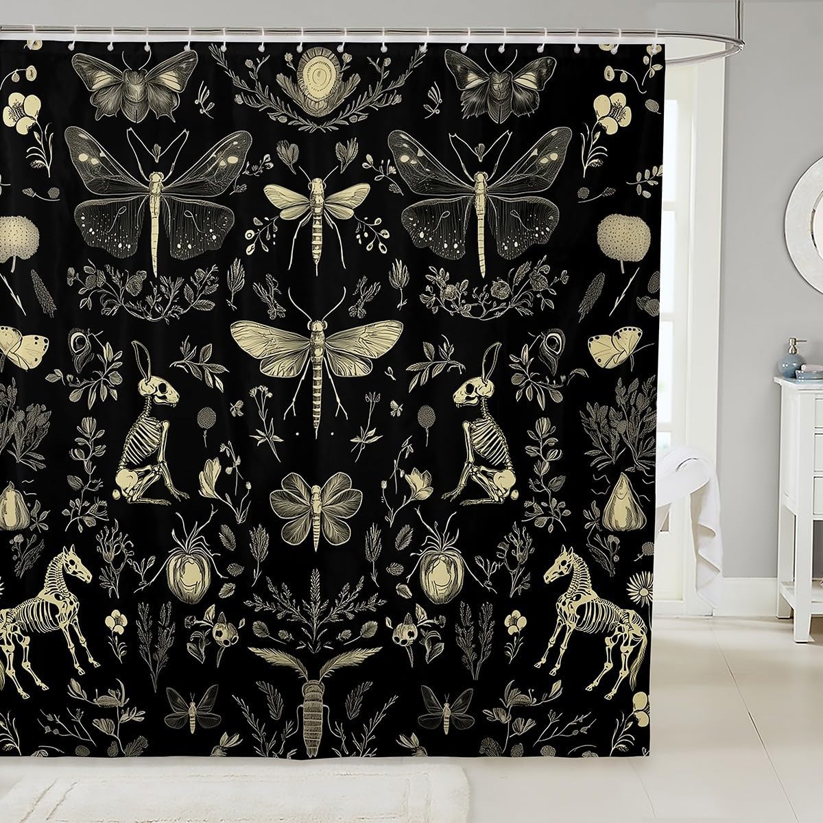 Feelyou Halloween Bath Curtain for Girls Boys Kids 72"x78" Boho Moth Gothic Skull Shower Curtain for Bathroom Decor Bat Skeleton Horror Theme Bathroom Accessories Coal Black for Stalls Bathtubs