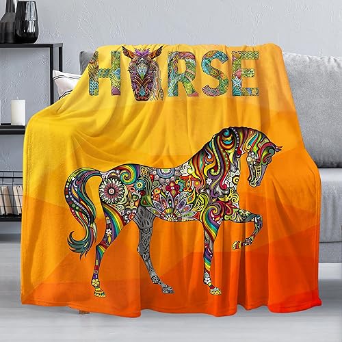 Manta naranja con estampado de caballo de cachemira para sofá, manta supersuave y mullida, cálida y cómoda, manta decorativa de franela de lana para