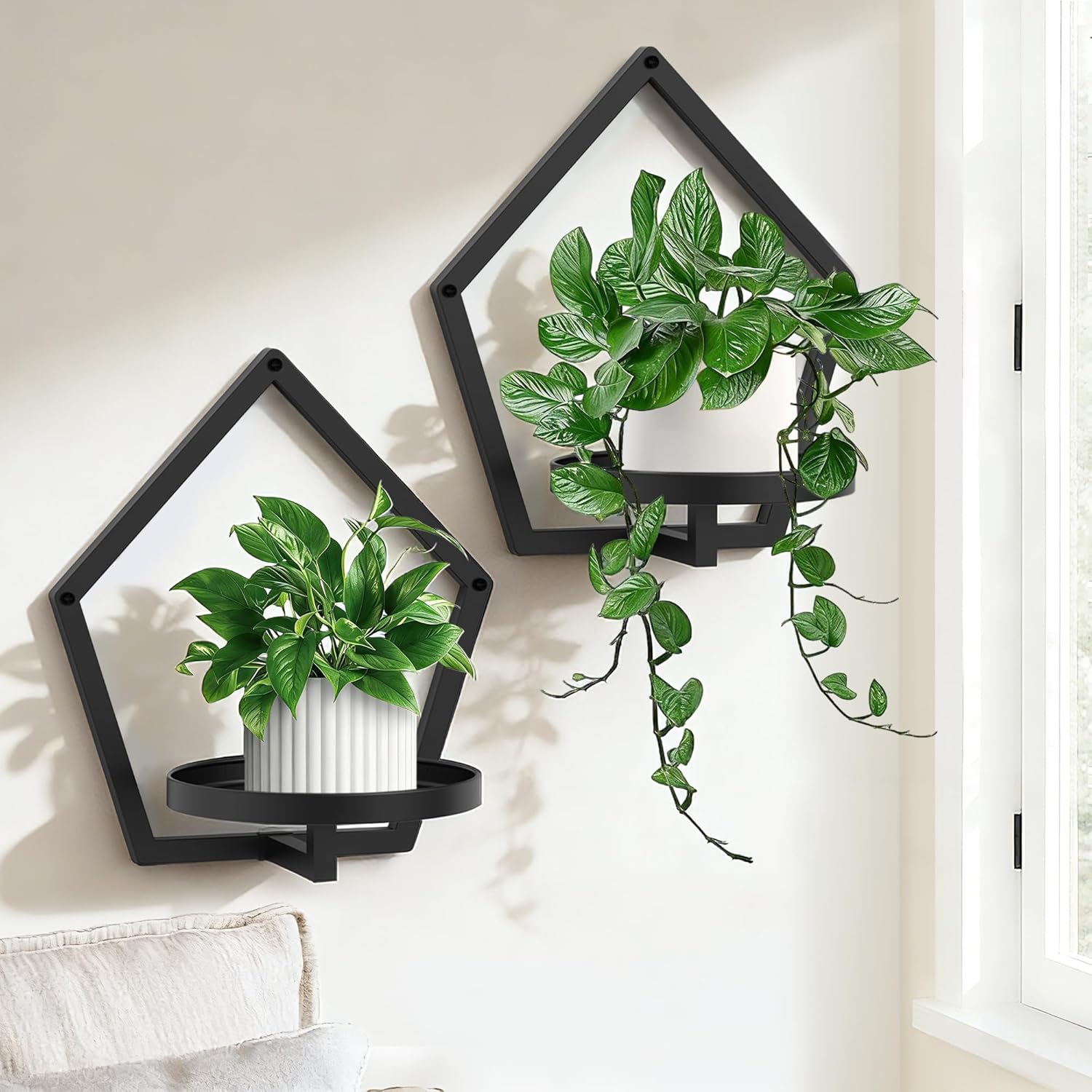 2 Packs Wall Hanging Planters for Indoor Plants, 7.9inch Metal Wall Plant Holder Hanger Wall Decor, Wall-Mounted Hanging Planters Window Plant Shelves Outdoor(Black)
