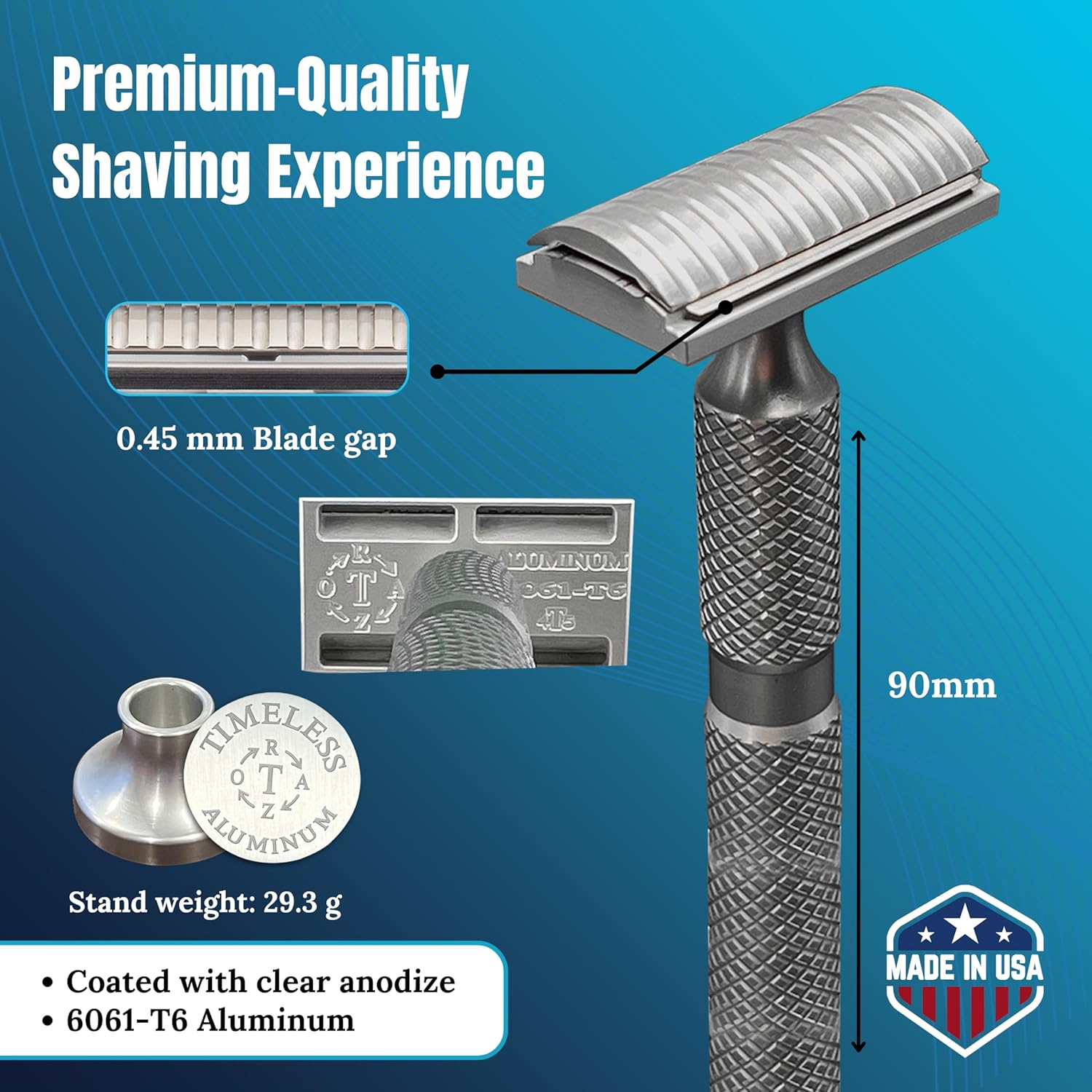 TIMELESS RAZOR: Aluminum Double Edge Safety Razor - Luxury Men's Safety Shaving - Travel Razor w/Stand & Custom Design Handle - Compatible w/Double Edge Blades - Made in USA