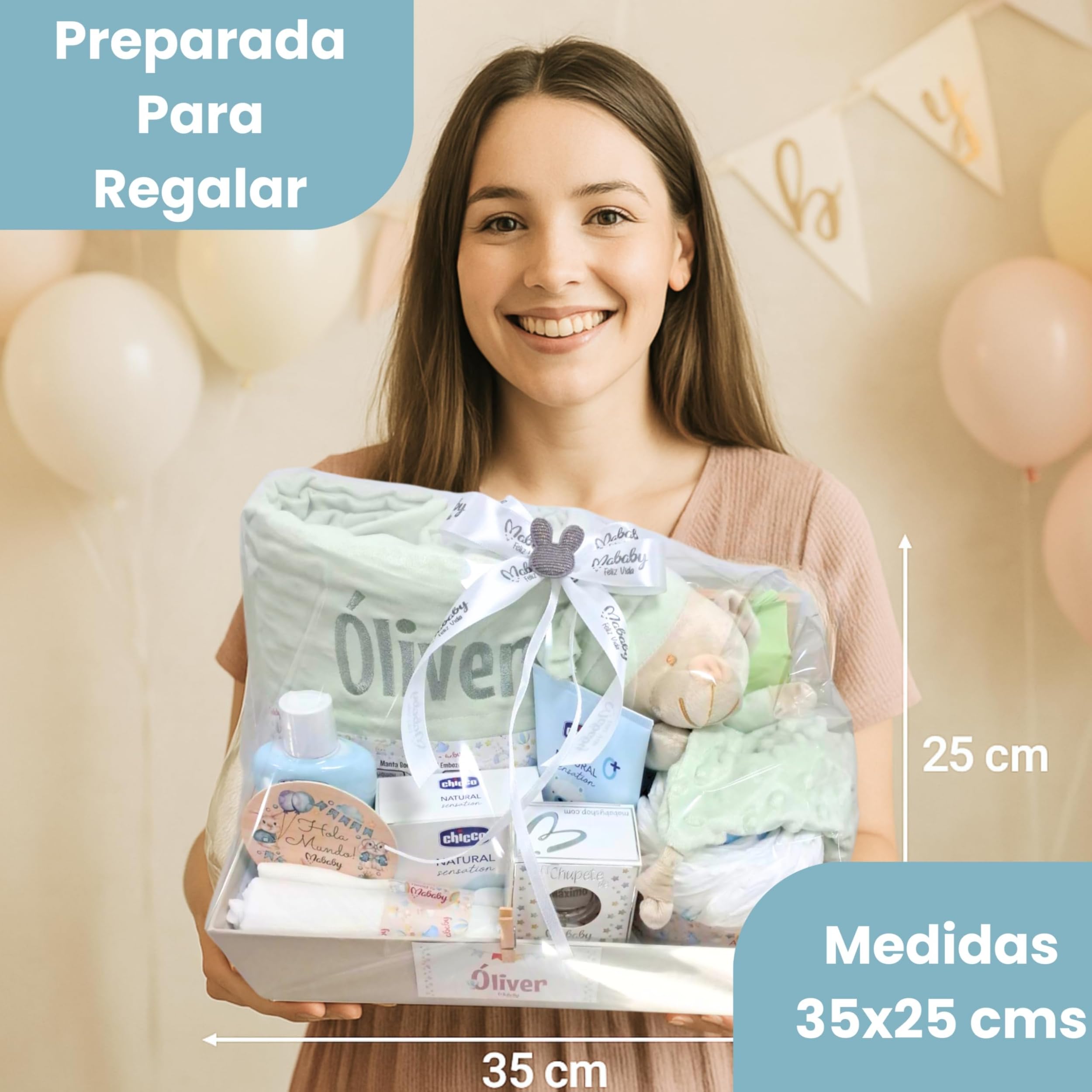 Canastilla Menta Deluxe, Manta Personalizada, Dou Dou, Muselina de Algodón, Chupete Grabado, Marco con Significado del Nombre y Set de Higiene, Regalo para Bebé Unisex