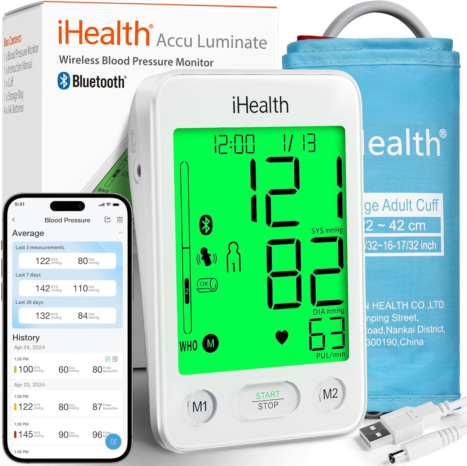 iHealth Accu Luminate Blood Pressure Monitor – 4.5" Tri-Color WHO-Based LCD(White), Clinically Accurate, Irregular Heartbeat Alert, Body & Cuff Detection, Bluetooth Cloud Sync, Large 8.6"–17" Cuff