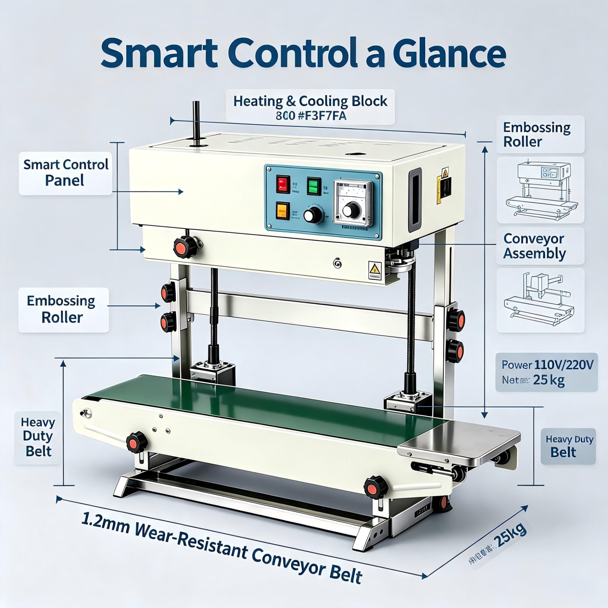 Máquina de sellado continuo vertical FR-900 | Motor de cobre de 0,5 kW, velocidad ajustable, control de temperatura del puntero, rueda de impresión(220v)