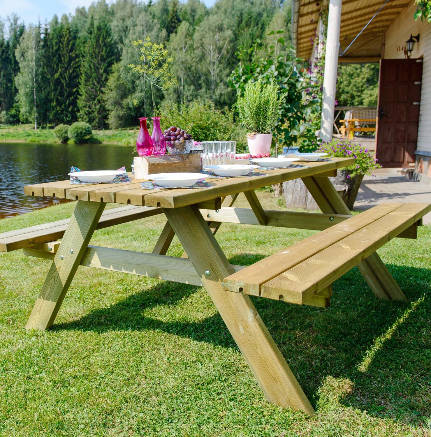 The Homeweeks Mesa Picnic jardín Madera tratada en Autoclave | Strong 200 | con 2 Bancos abatibles | 198x154x74 cm | 8/10 Adultos | Espesor 42 mm | normativa EN581 | FSC