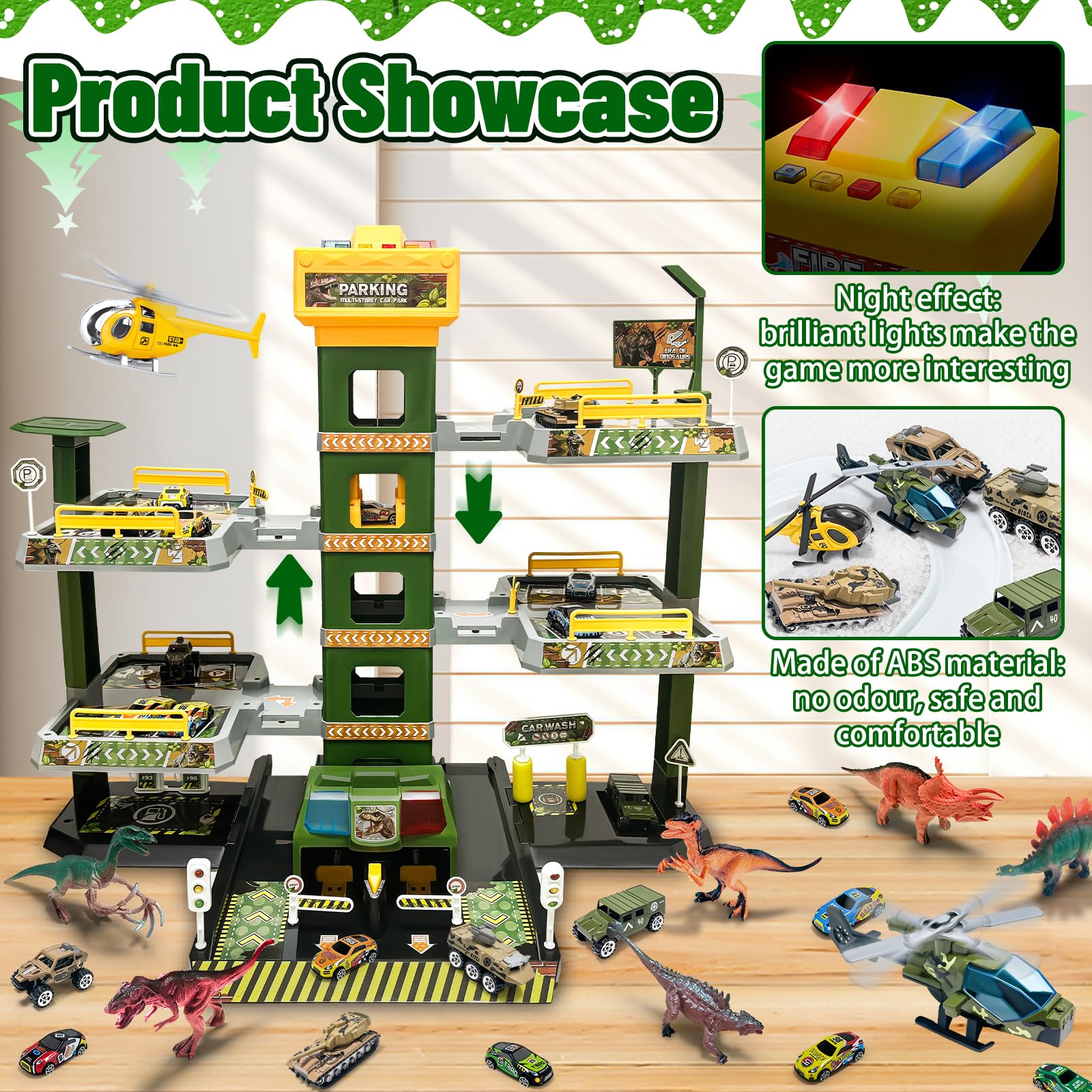 BuzzoXerex 5 Piani Garage Mmacchine per Bambini, Parcheggio Macchinine con 14 Autos e 2 Elicottero, Giocattolo Auto Garage con Ascensore e Rampe, Idea Regalo per Bambini 5 6 7 8 9 Anni (Dinosauro)