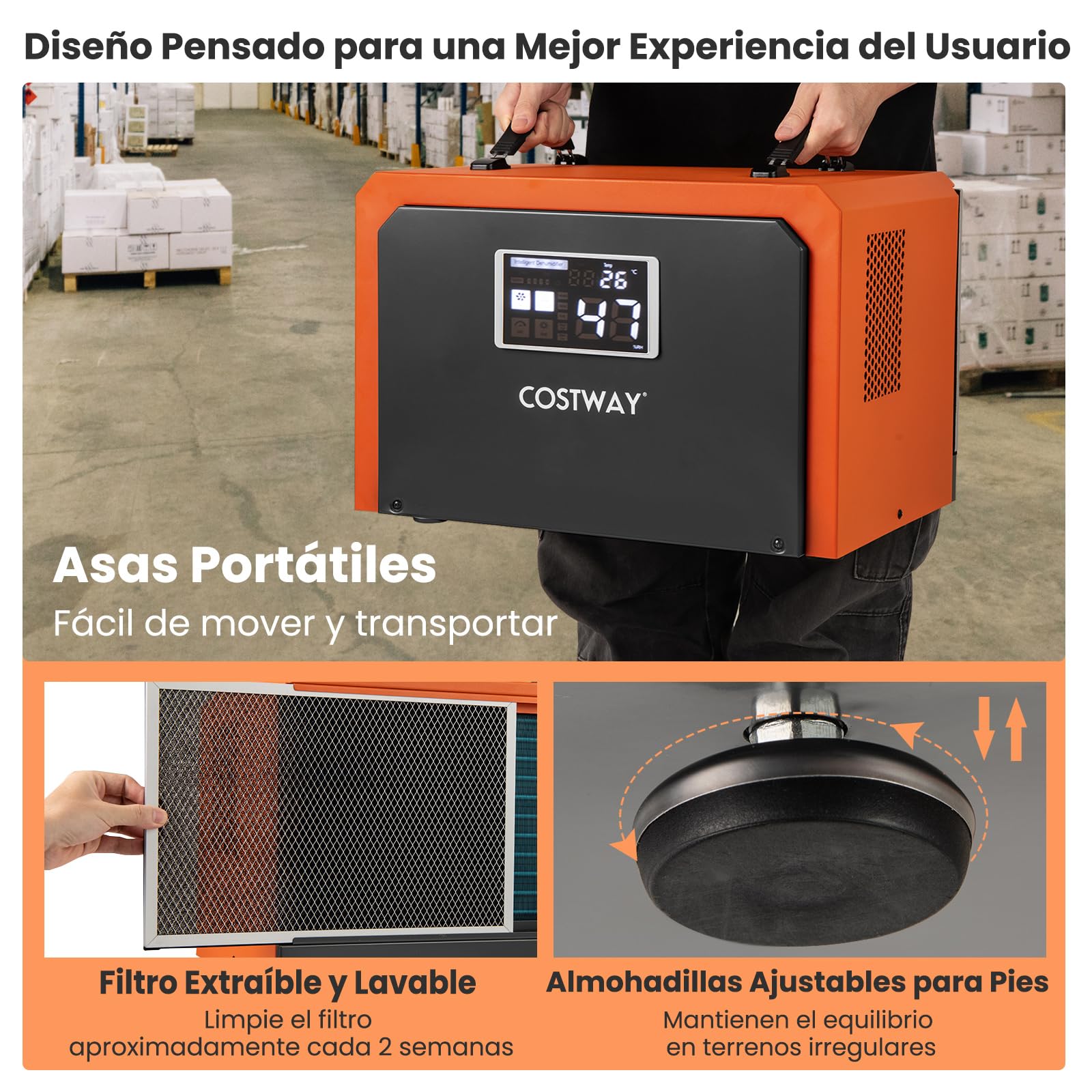 COSTWAY Deshumidificador Industrial 60L/día, Deshumidificador Comercial con Manguera de Drenaje, Temporizador 24H, Descongelación Automática, para Sótano, Almacén, hasta 560 ㎡