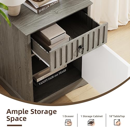 Miniatura 3 de Mesita de noche, mesa auxiliar, mesita de noche de granja con estante y puerta, mesa auxiliar rústica con cajón de almacenamiento, mesita de noche