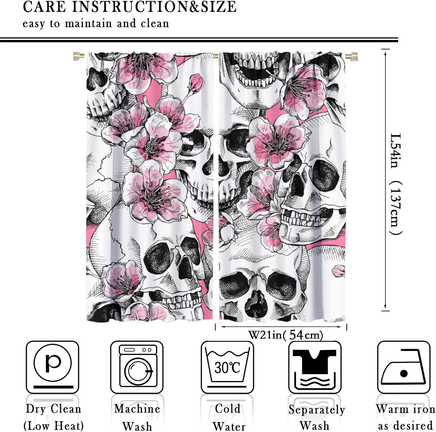 Floral Sugar Skull Blackout Curtains Skeleton Pink Floral Scary and Stylish Skull Print Home Decor Bedroom Living Room Kitchen Rod Pocket Window Drapes42x54in