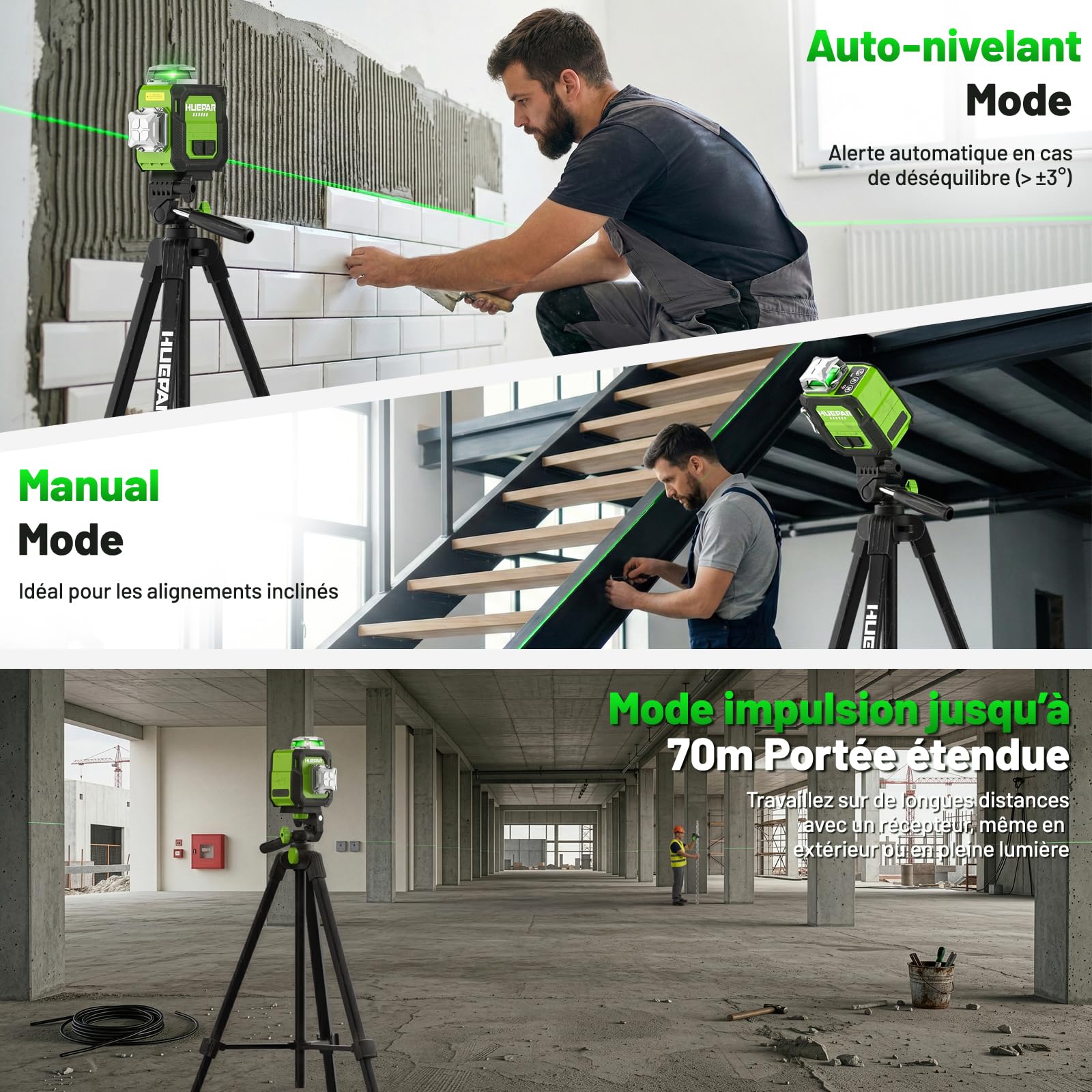 Niveau Laser 360 Autonivelant avec Trépied 152cm, Huepar 3x360 Croisé Laser Vert avec Mode Impulsion, 40m Compacte 3D Laser Niveau Rechargeable, Base Magnétique – Précision Pro pour Chantier&Bricolage