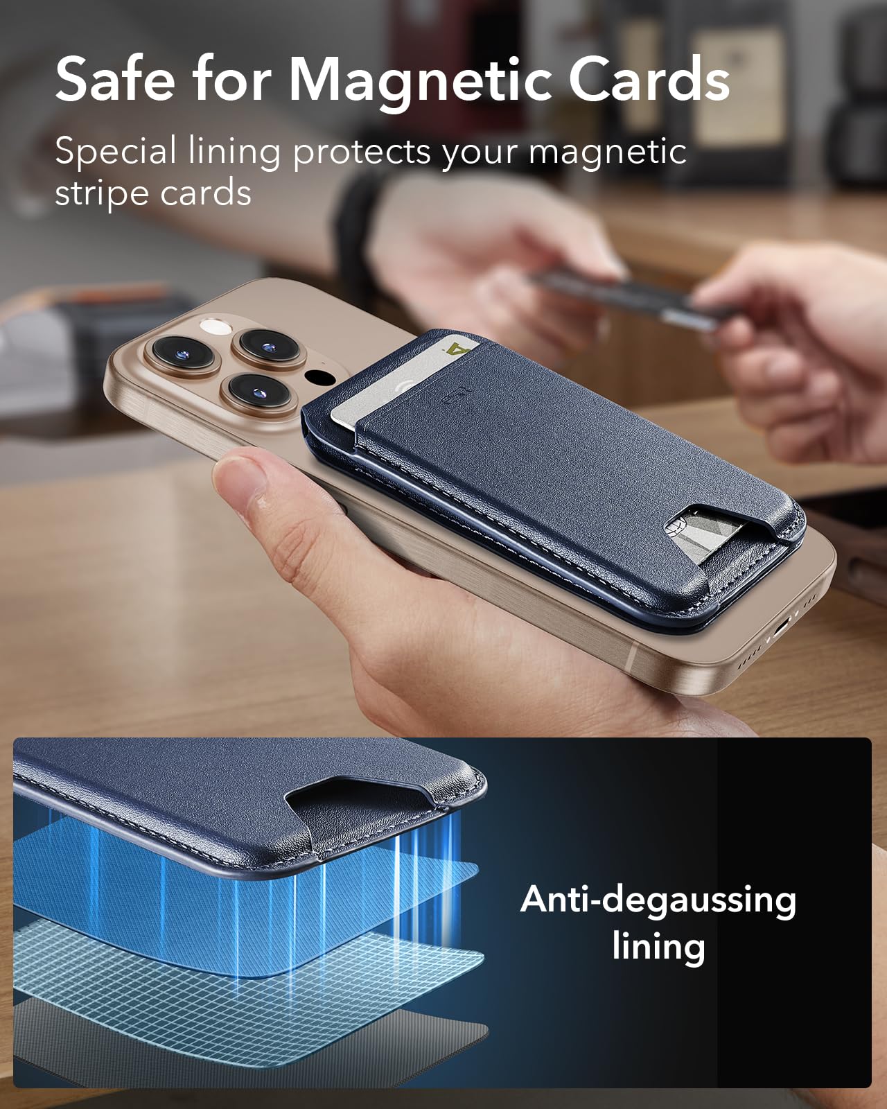 ESR Portafoglio per MagSafe, Blocco RFID, Supporto per 5 Carte, Supporto Regolabile, Porta Carte per iPhone Serie 17e/17/16/15/14/13/12 e Alcuni Dispositivi Samsung, Non per 13/12 Mini, Blu
