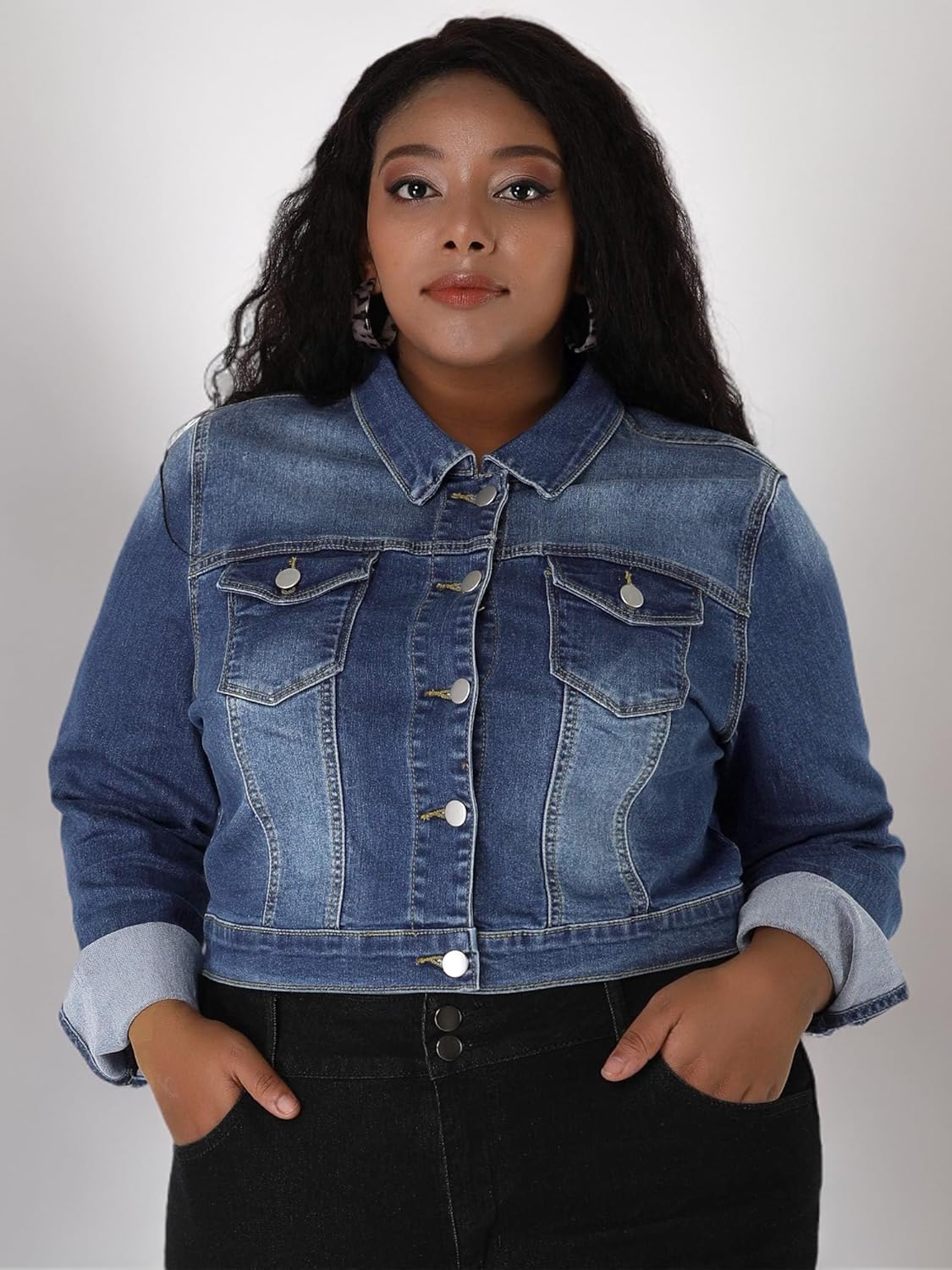 uxcell Women's Plus Size Button Closed Cropped Denim Jackets Stitching 2026 - Image 7