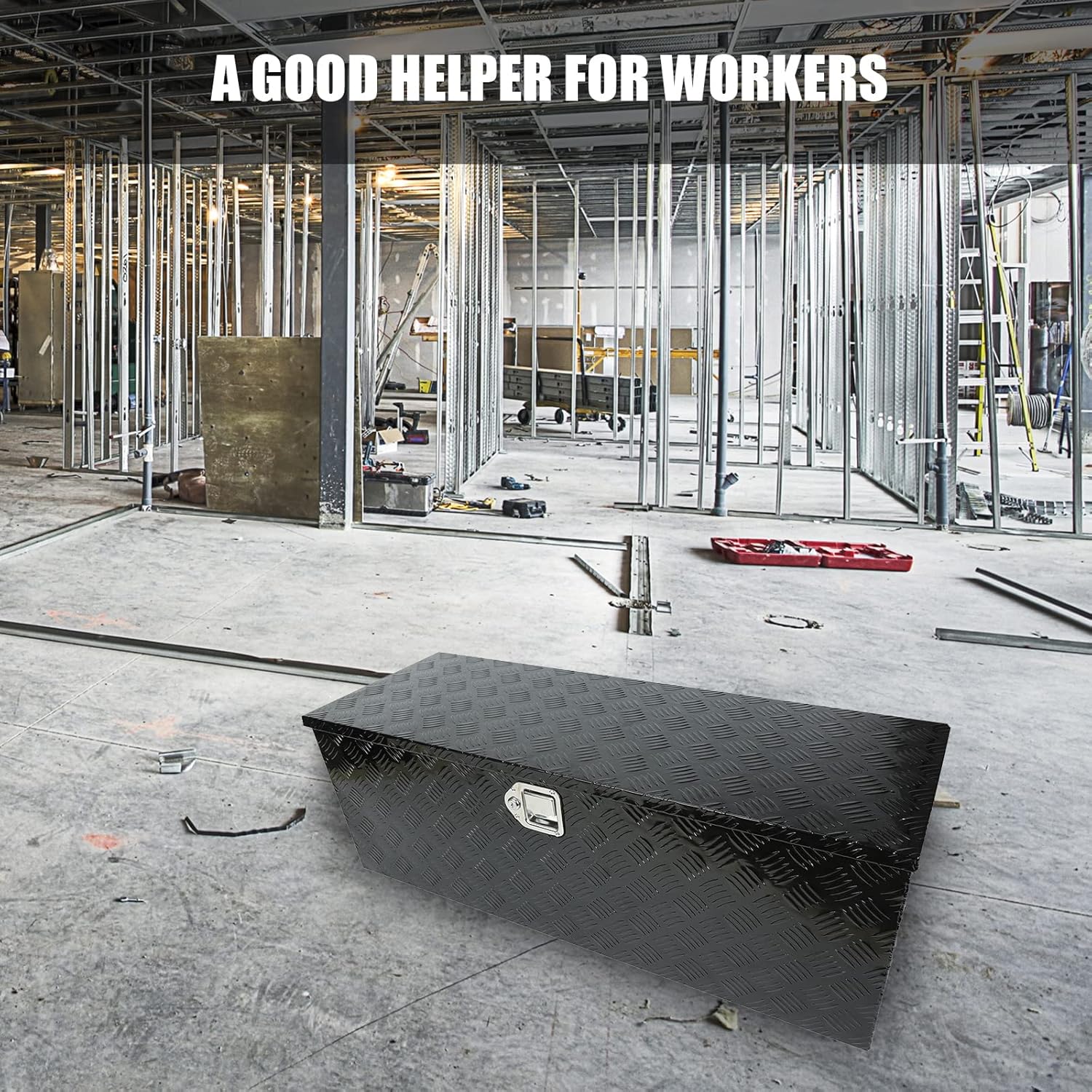 confote 44" Heavy Duty Aluminum Stripes Plated Tool Box Pick Up Truck Bed RV Trailer Toolbox Waterproof Square Storage Organizer with Side Handle, Lock with Keys -44"x 15"x 15"，Black