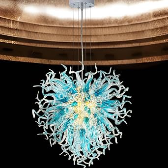 Luxury 20" Hand Blown Glass Chandelier Blue Grey Bell Pepper Shape with Adjustable Chain Dimmable G9 Bulbs Art Deco Ceiling Light Fixture for Bedroom Dining Room Living Room Hotel Lobby