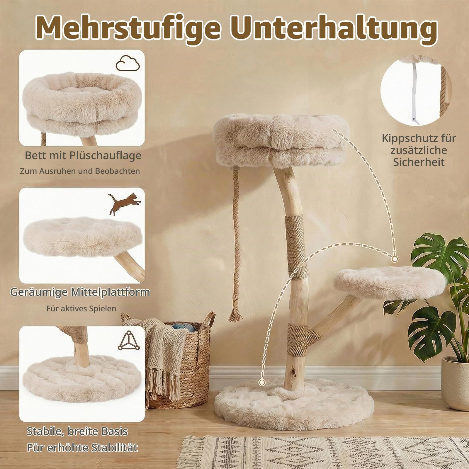 GOPLUS Kratzbaum Holz, 90 cm Katzenbaum mit Kratzpfosten aus Jute, Plüschsitzflächen, & Seil, mehrstöckiger Kletterbaum für Kätzchen, Indoor Katzenmöbel Massivholz, Kletterbaum für Haustier (Beige)