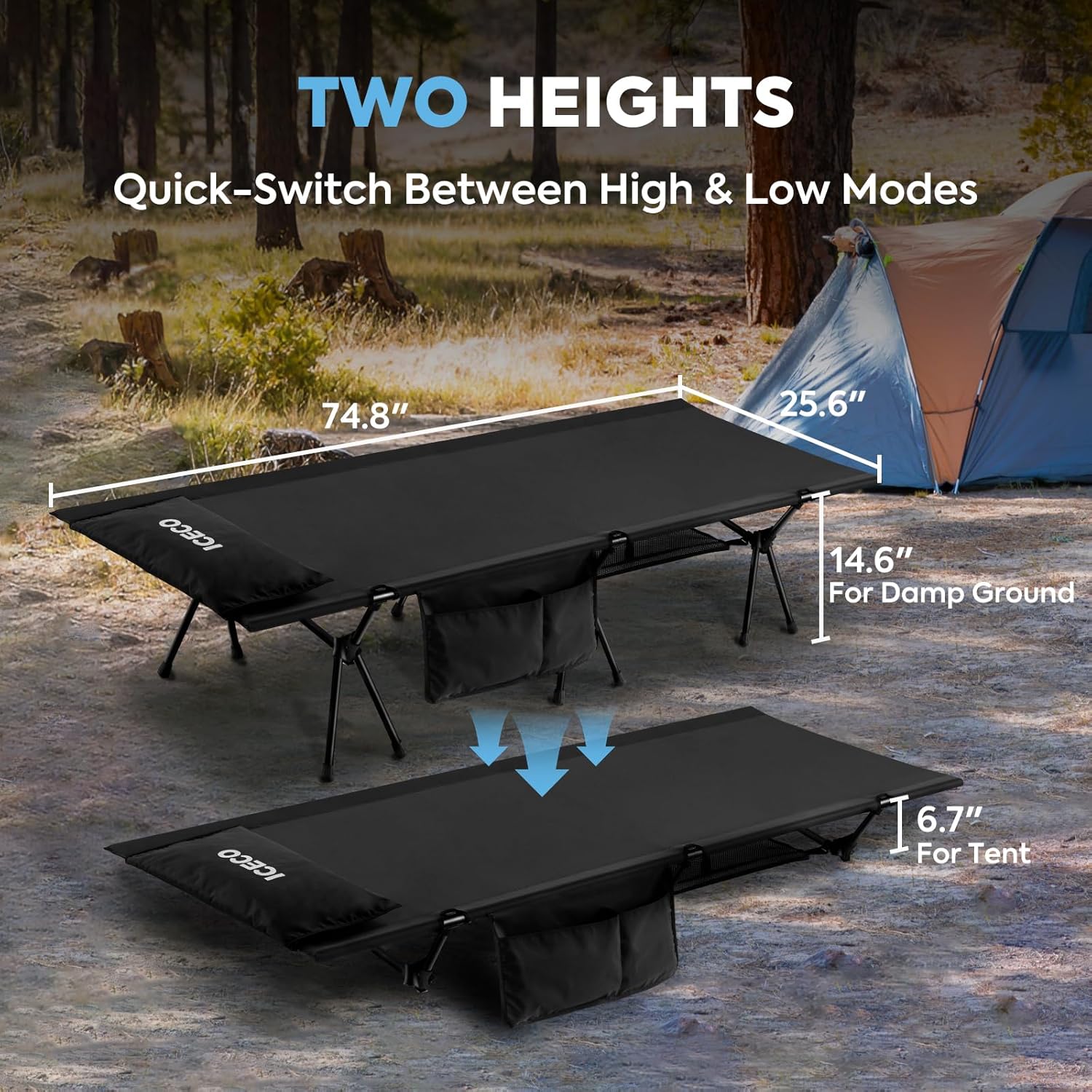 ICECO Camping Cot for Adults, Height Adjustable with Cot Leg Extenders, Strong Support 330lbs, 900D Oxford Fabric, Ultralight Comfortable, Sleeping Bed for Camping, Hiking, Beach, Home (L-Black)