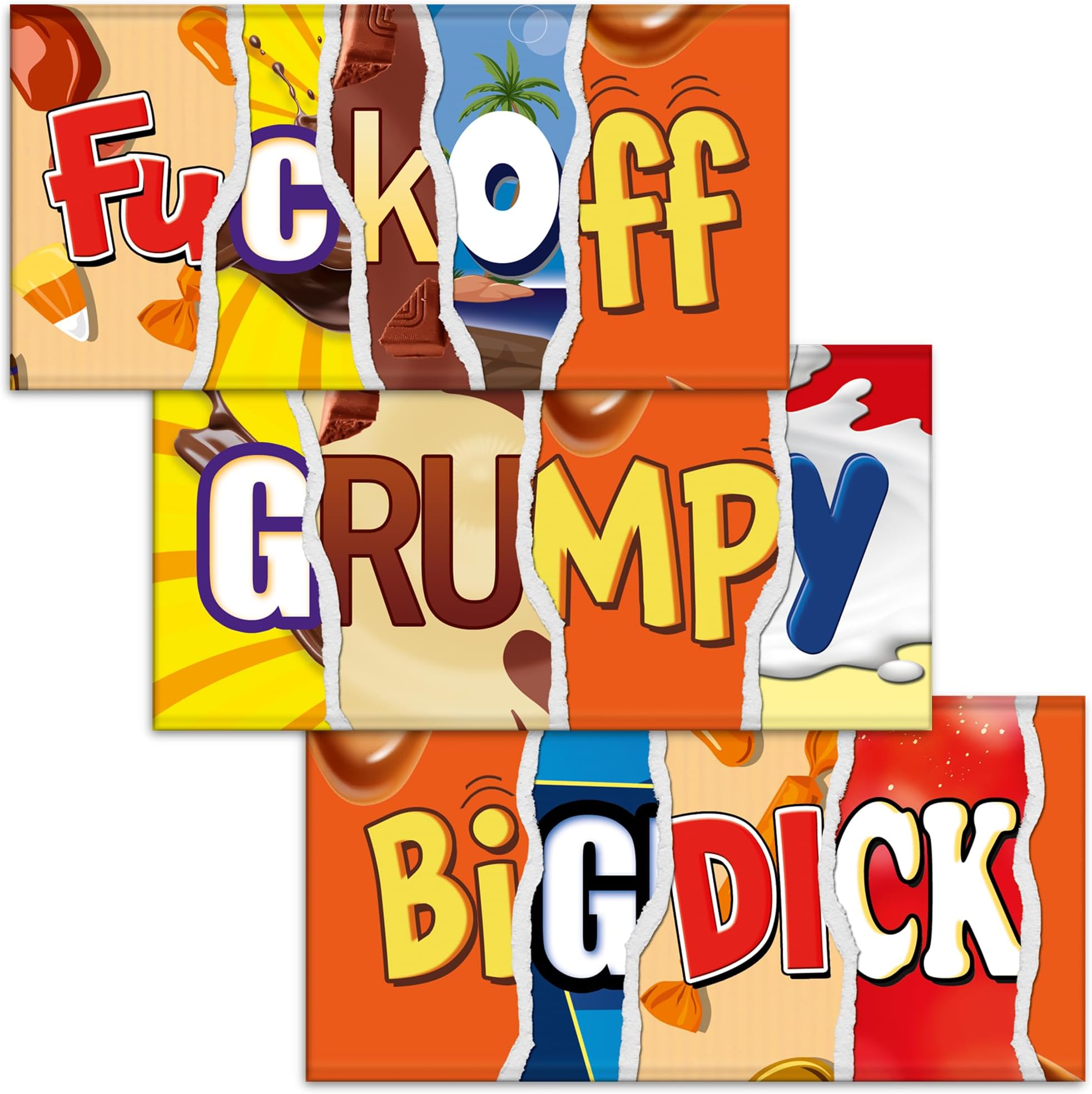 F#ckoff + Grumpy + Big Dick. Mixed Triple Pack - 3x Rude Novelty Chocolate Bar Wrappers. Choc Bar Covers Funny Joke Prank Insult Gift Fun Friend Secret Santa. Pack of 3. (Chocolate Not Included)