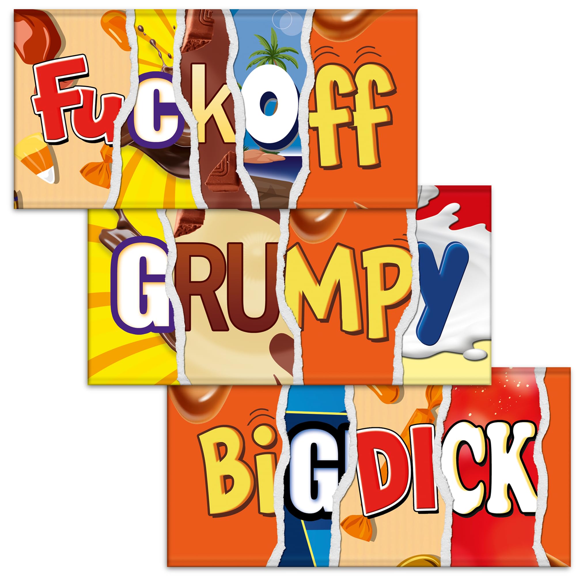 F#ckoff + Grumpy + Big Dick. Mixed Triple Pack - 3x Rude Novelty Chocolate Bar Wrappers. Choc Bar Covers Funny Joke Prank Insult Gift Fun Friend Secret Santa. Pack of 3. (Chocolate Not Included)