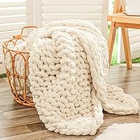 Bigacogo Chunky Knit Throw Blanket 40x60 Beige - Hand Knitted Thick Chenille Yarn, Super Soft Cozy for Couch Sofa Bed