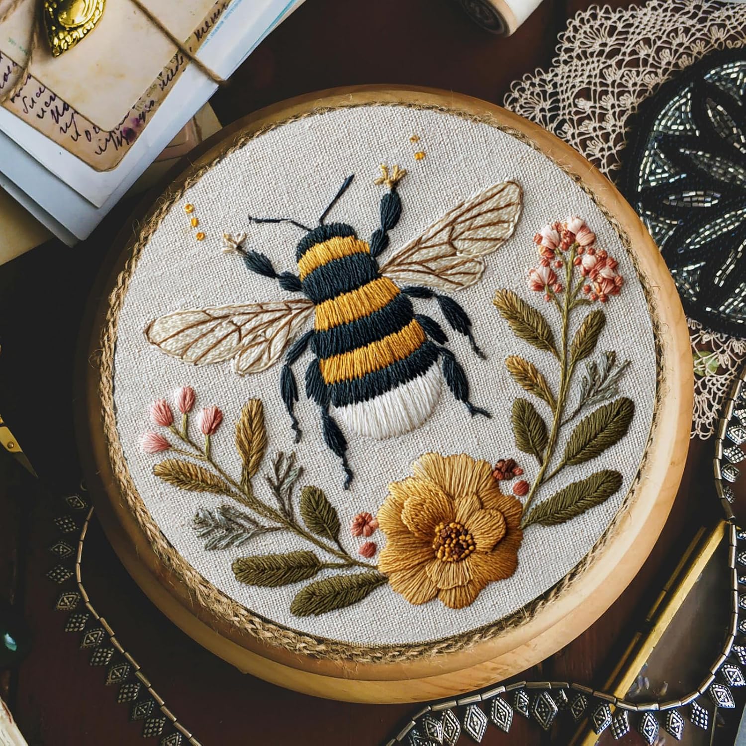 FONNUY Embroidery Kit for Beginners, Boho Floral Bee Pre-Stamped Pattern Kits for Adults with Hoop, Easy to Follow Color Thread Needlework, 8'' Hoop (Honeybee A003) image 4