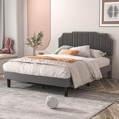 Miniatura 68 de VECELO Base de cama tamaño Queen tapizada con cabecera ajustable copetuda/base de colchón con soporte de listones de madera, fácil montaje, azul