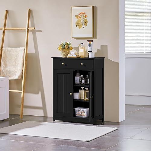 Miniatura 9 de Yaheetech Armario de almacenamiento de baño con 1 cajón y 2 puertas, armario de piso de baño con estante ajustable, unidades de almacenamiento de