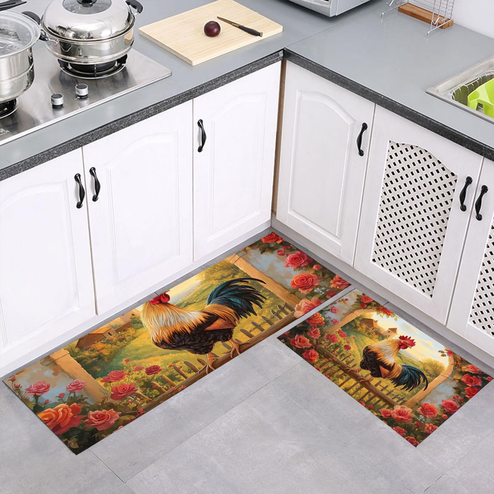 Juegos de almohadillas de cocina con diseño de gallo rosa, lavables y de dos tamaños