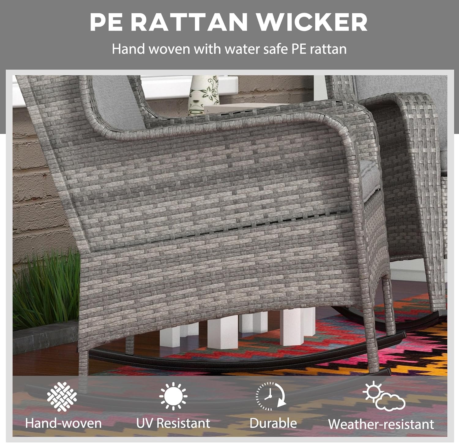Outsunny Outdoor Wicker Rocking Chair Set of 2 with Wide Seat, Thick Cushions, Rattan Rockers with Steel Frame, High Weight Capacity for Patio, Garden, Backyard, Gray