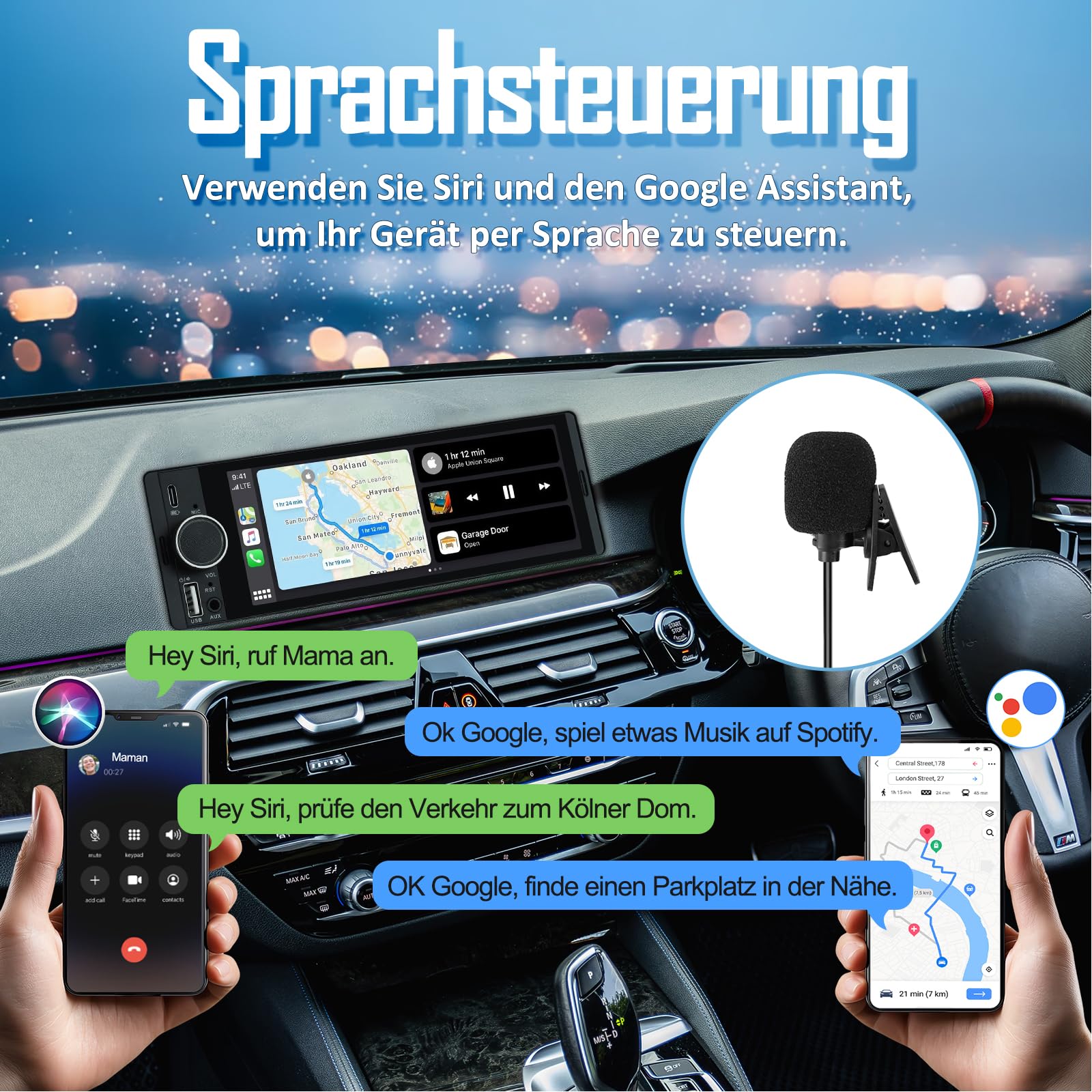 1 DIN Autoradio mit Wireless CarPlay & Android Auto, Auto Radio mit Bildschirm, GPS Navigation, FM, Bluetooth, Freisprecheinrichtung, Lenkradsteuerung, EQ, MirrorLink, AUX