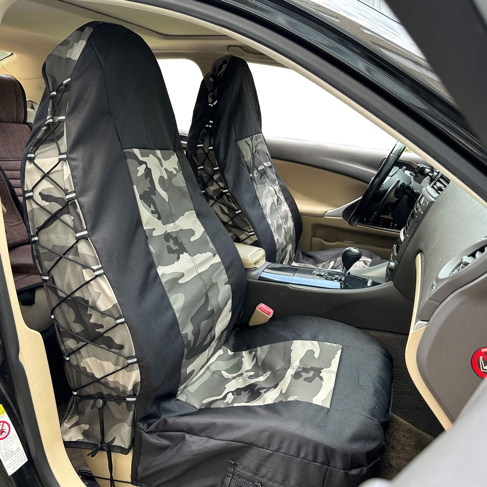 Fundas de asiento delantero de lona y camuflaje militar gris, protector de asiento delantero para asientos de coche con respaldo alto con organizador de múltiples bolsillos para almacenamiento