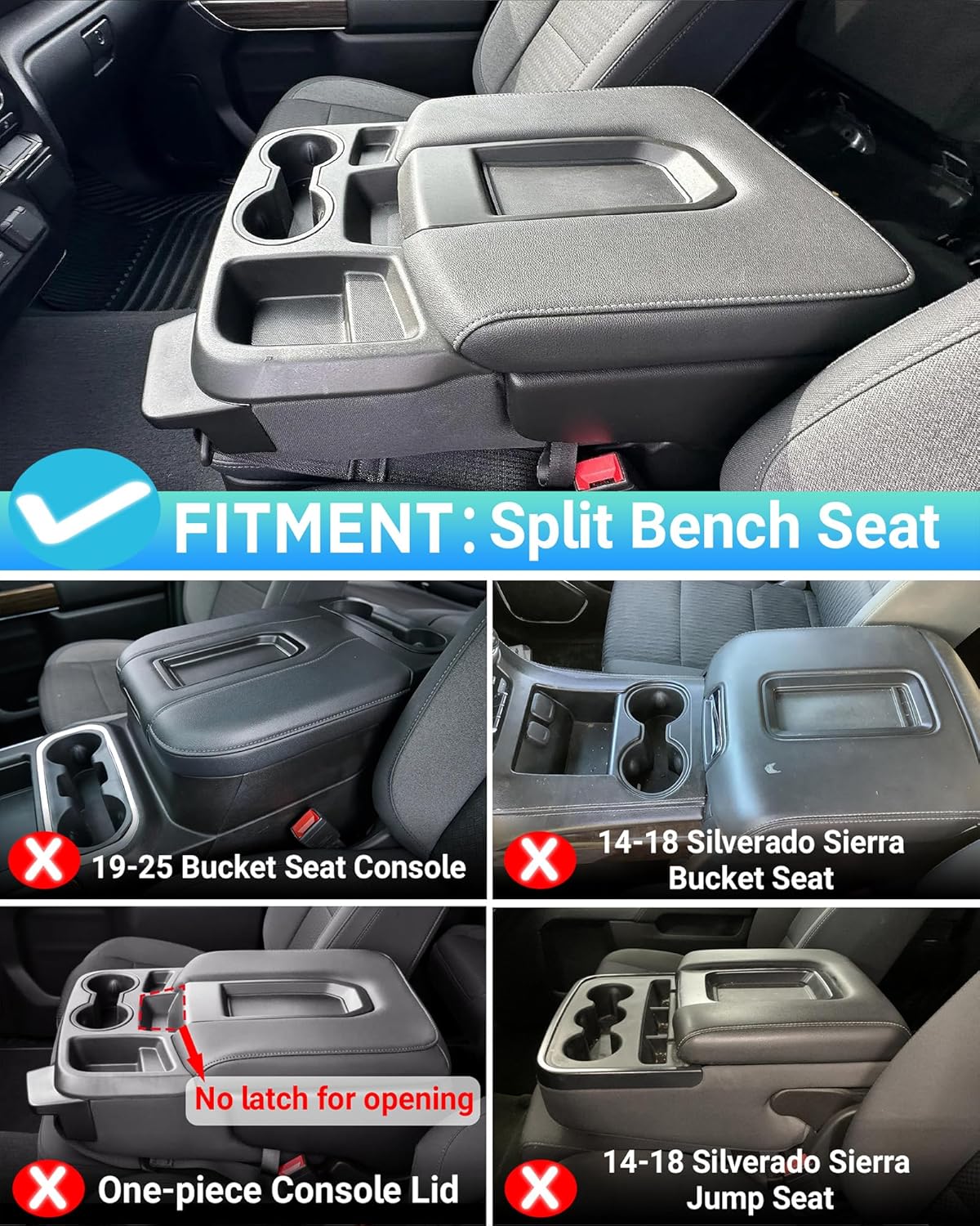 Center Console Armrest Cover Compatible with 2019-2026 Chevy Silverado & GMC Sierra Accessories, PU Leather Middle Console Cover Protector Pad, Only Fit 40/20/40 Split Bench Jump Seat Console